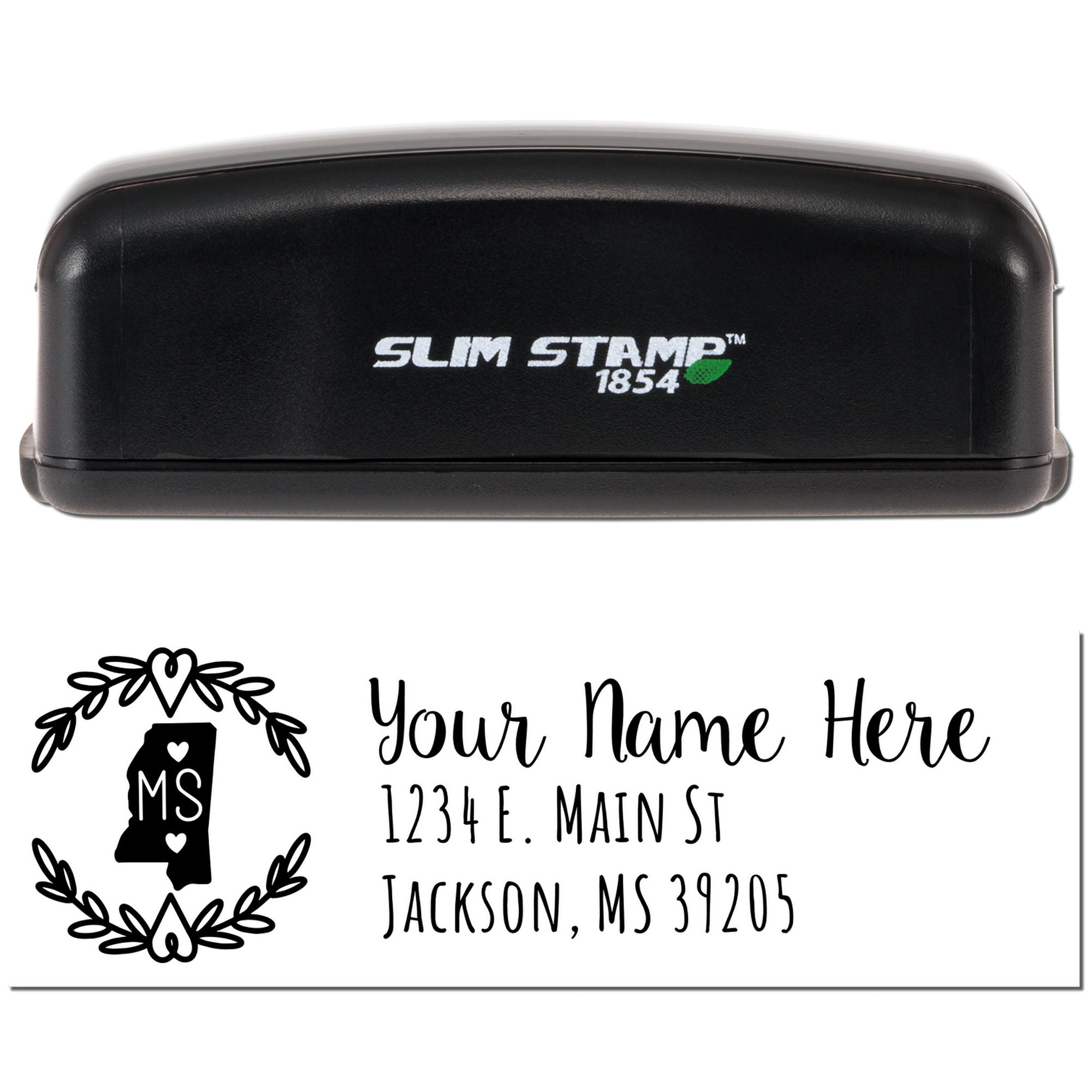 Custom Slim Stamp self-inking rubber stamp for personalized Mississippi return address labels with name and mailing address.