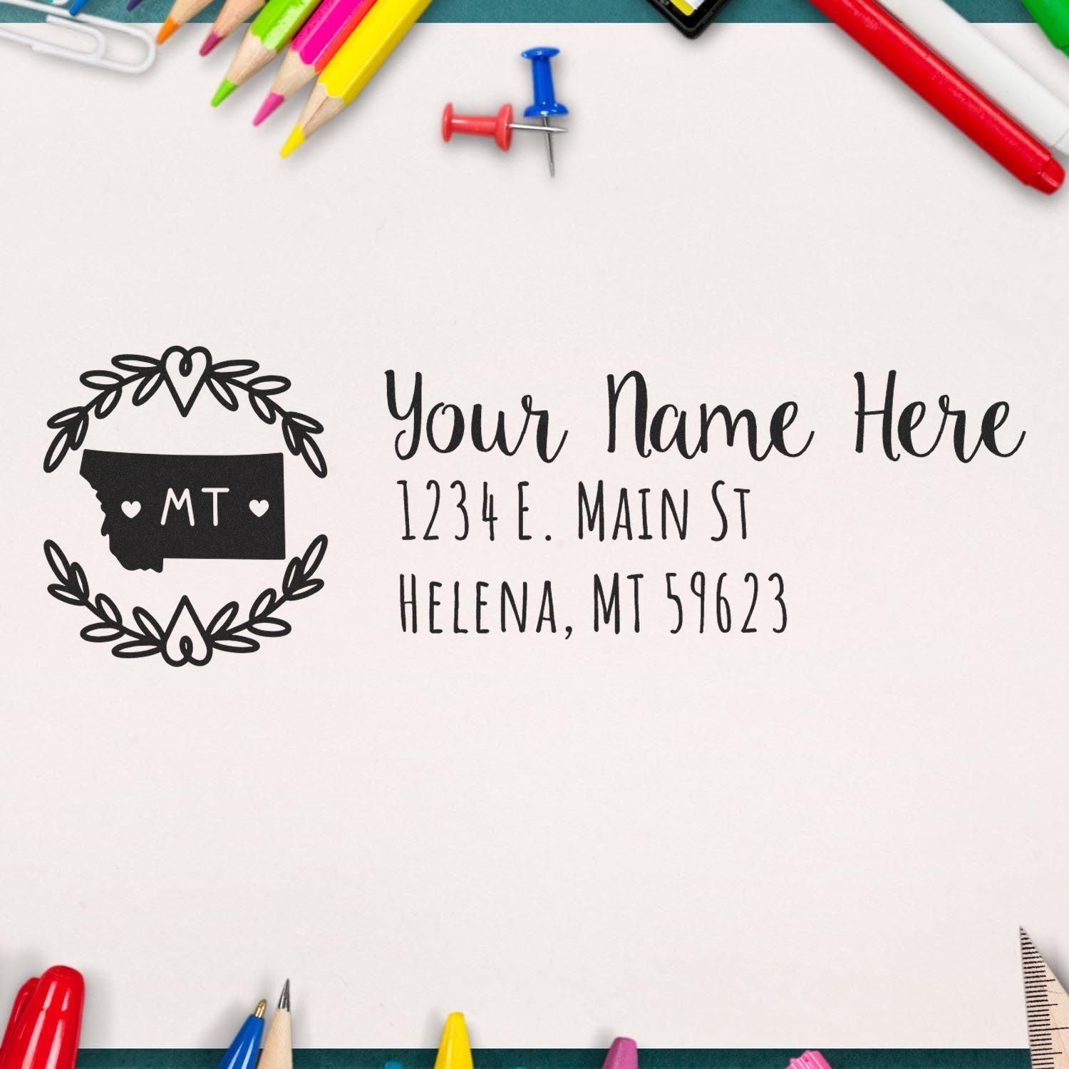 Personalized Montana return address rubber stamp with name and street address for custom mail and wedding stationery.