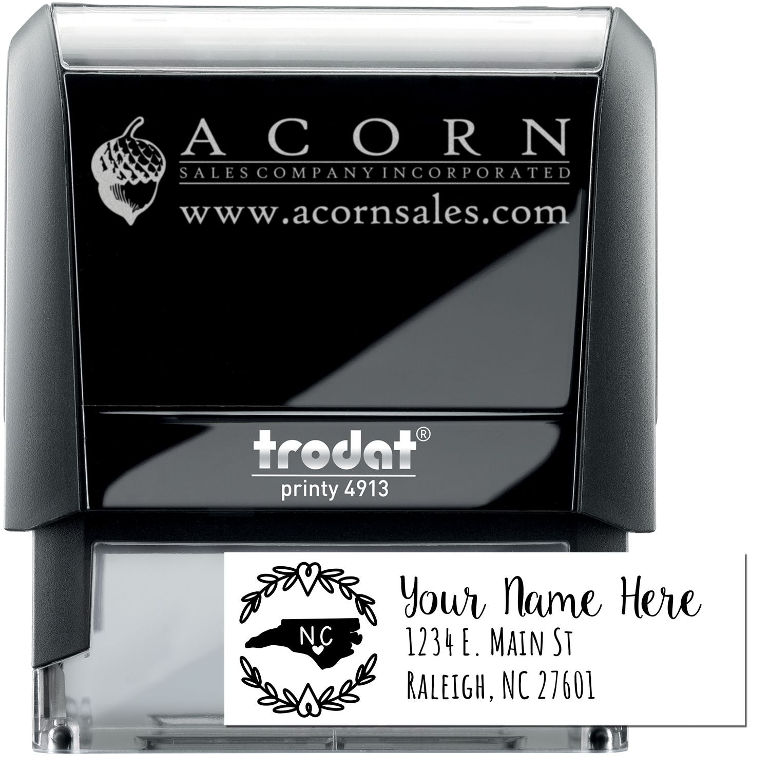 Custom self-inking rubber stamp for business logos and address printing, Trodat Printy 4913 with Acorn Sales example.