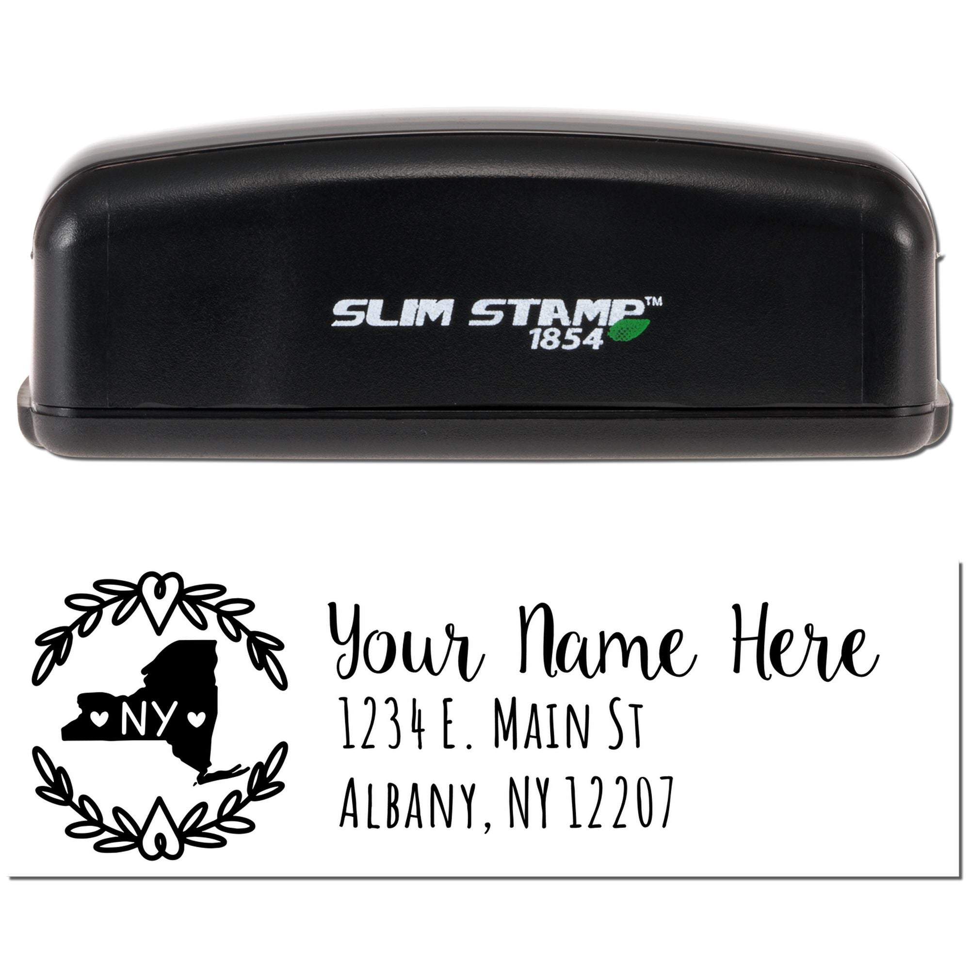 Slim Stamp 1854 custom return address rubber stamp with New York state design, name, and mailing address.