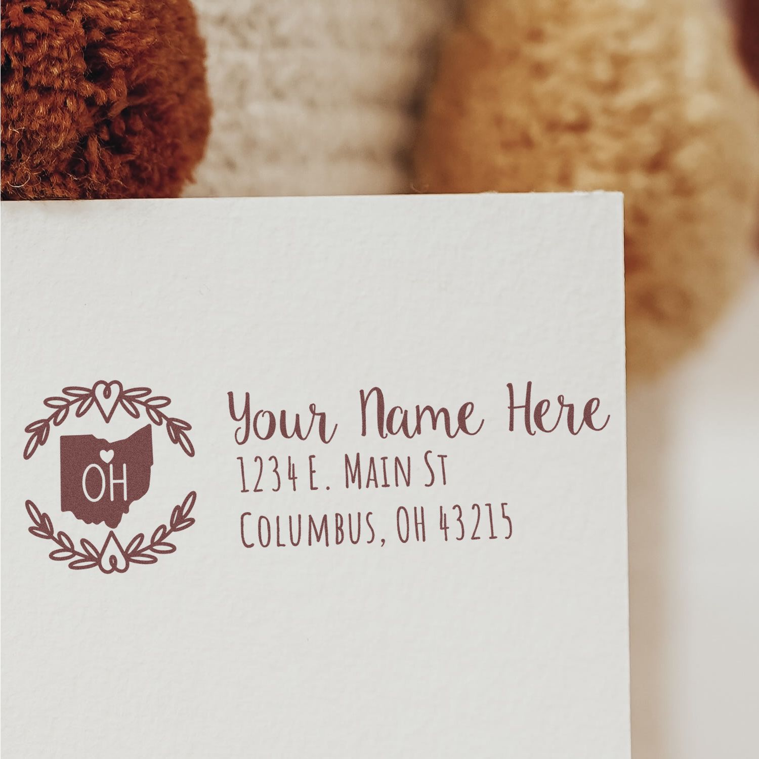Custom Ohio rubber stamp with floral border and personalized return address for stationery, envelopes, and invitations.