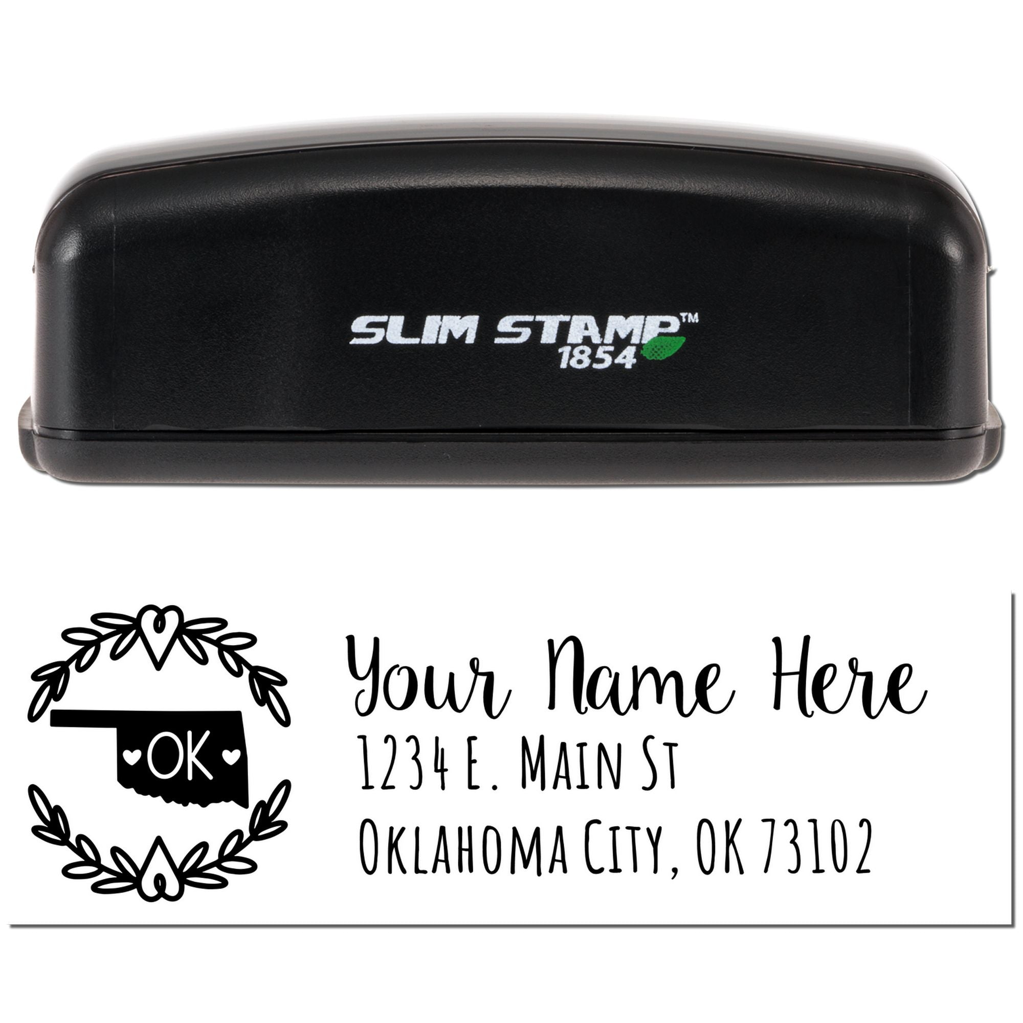 Personalized Slim Stamp 1854 self-inking address rubber stamp with custom name, OK monogram, and Oklahoma City return address.