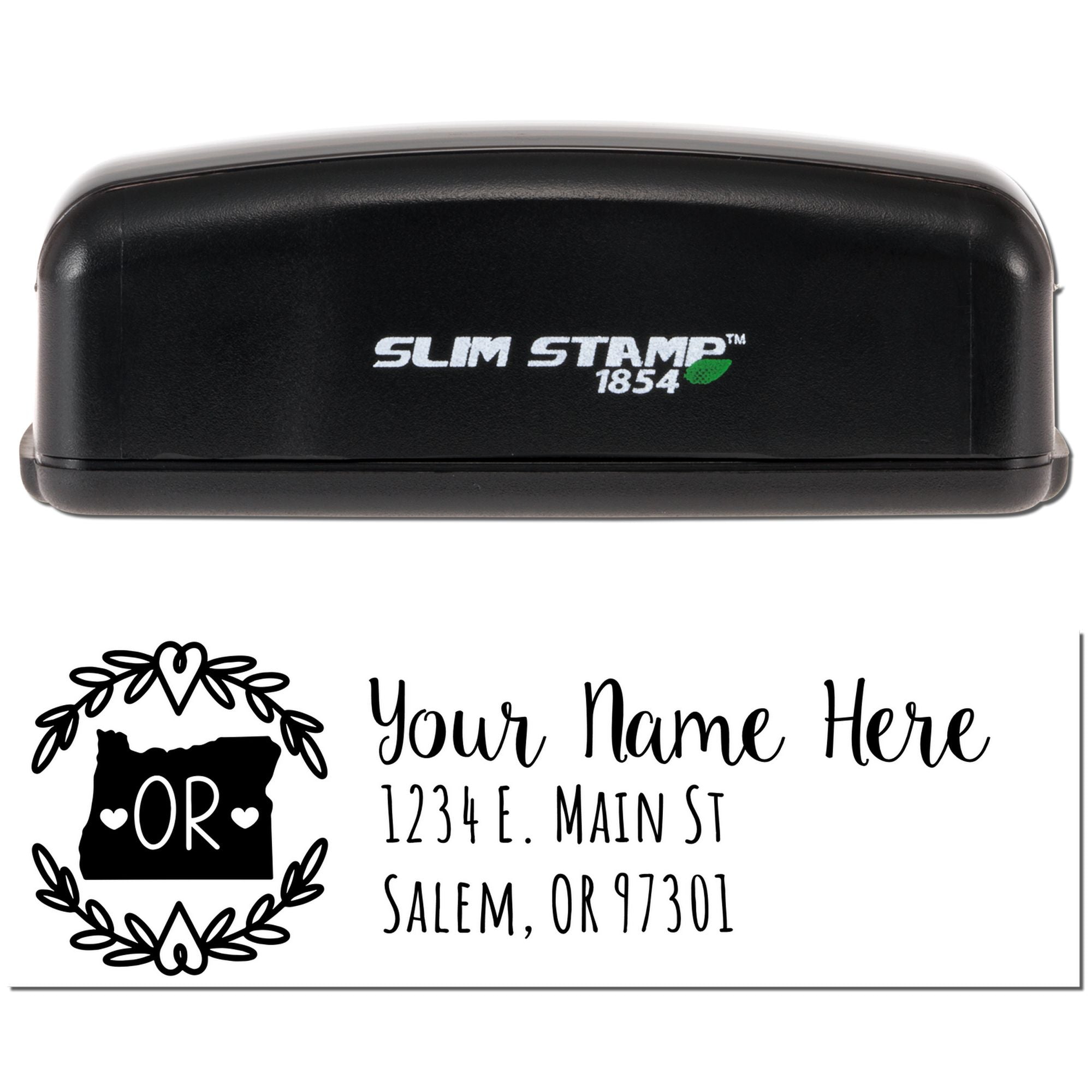 Slim Stamp 1854 custom Oregon return address rubber stamp for personalized mailing and wedding stationery.