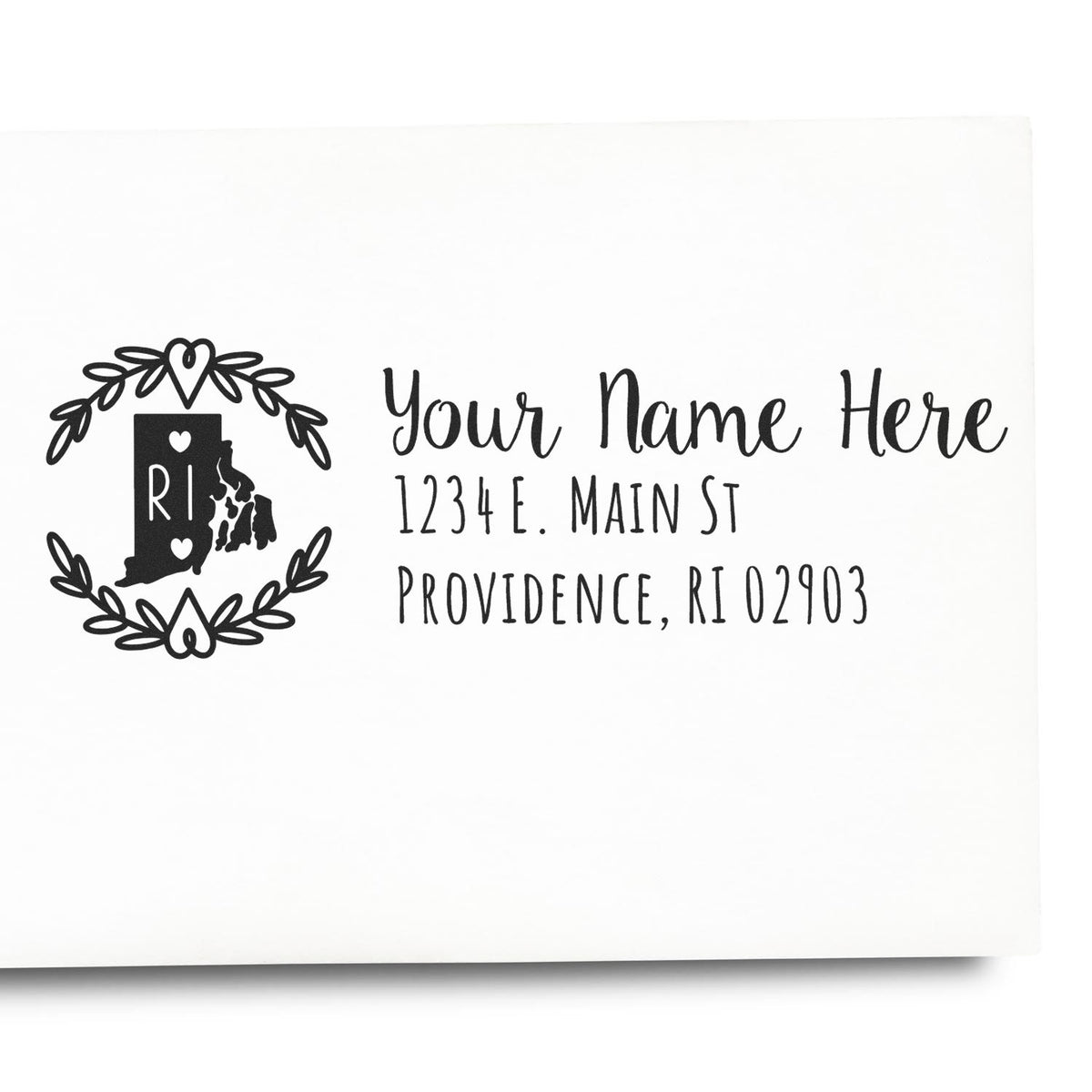 Custom Rhode Island return address rubber stamp with monogram, name, and Providence, RI mailing address.