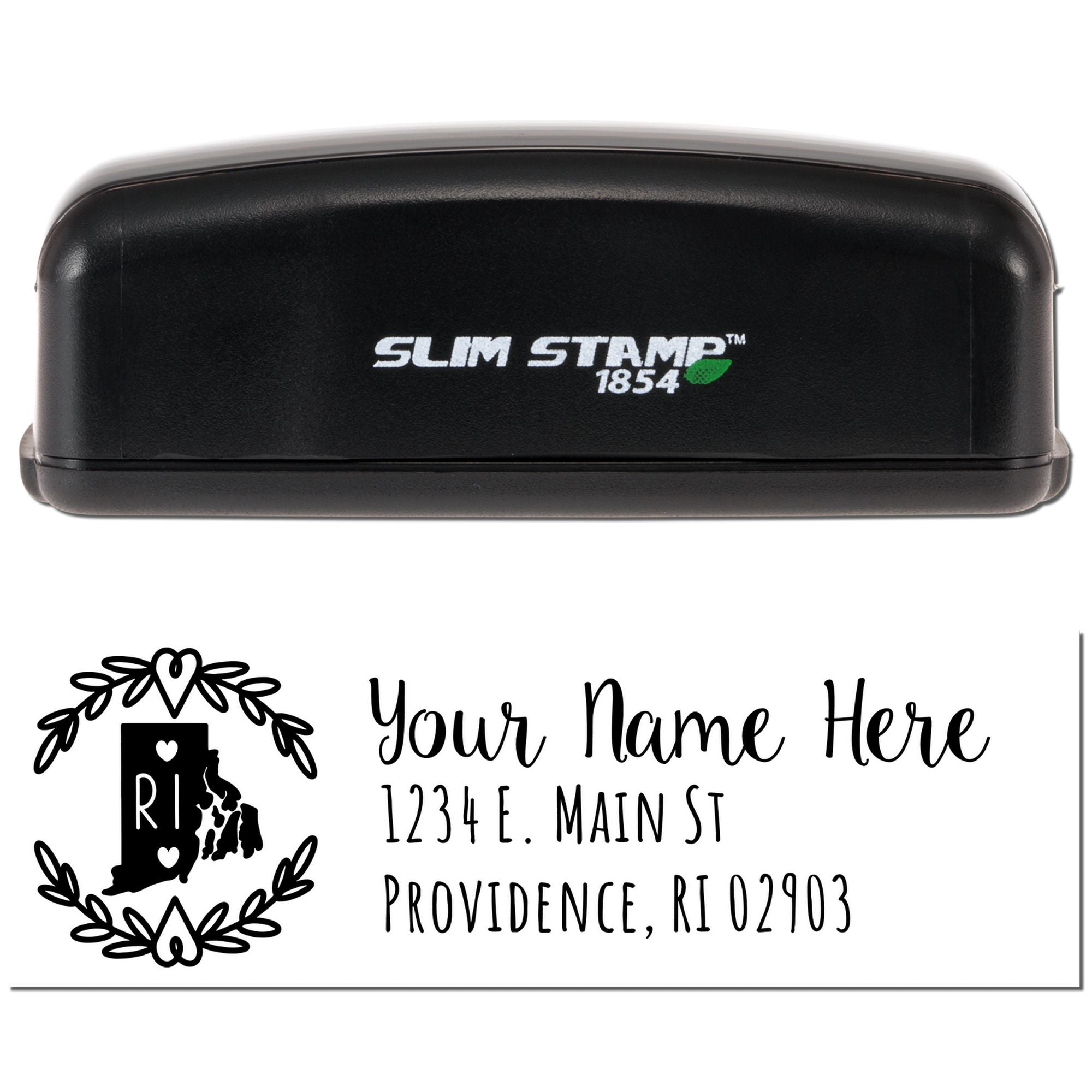 Custom return address rubber stamp with Rhode Island monogram design and name, street, city, and ZIP imprint.