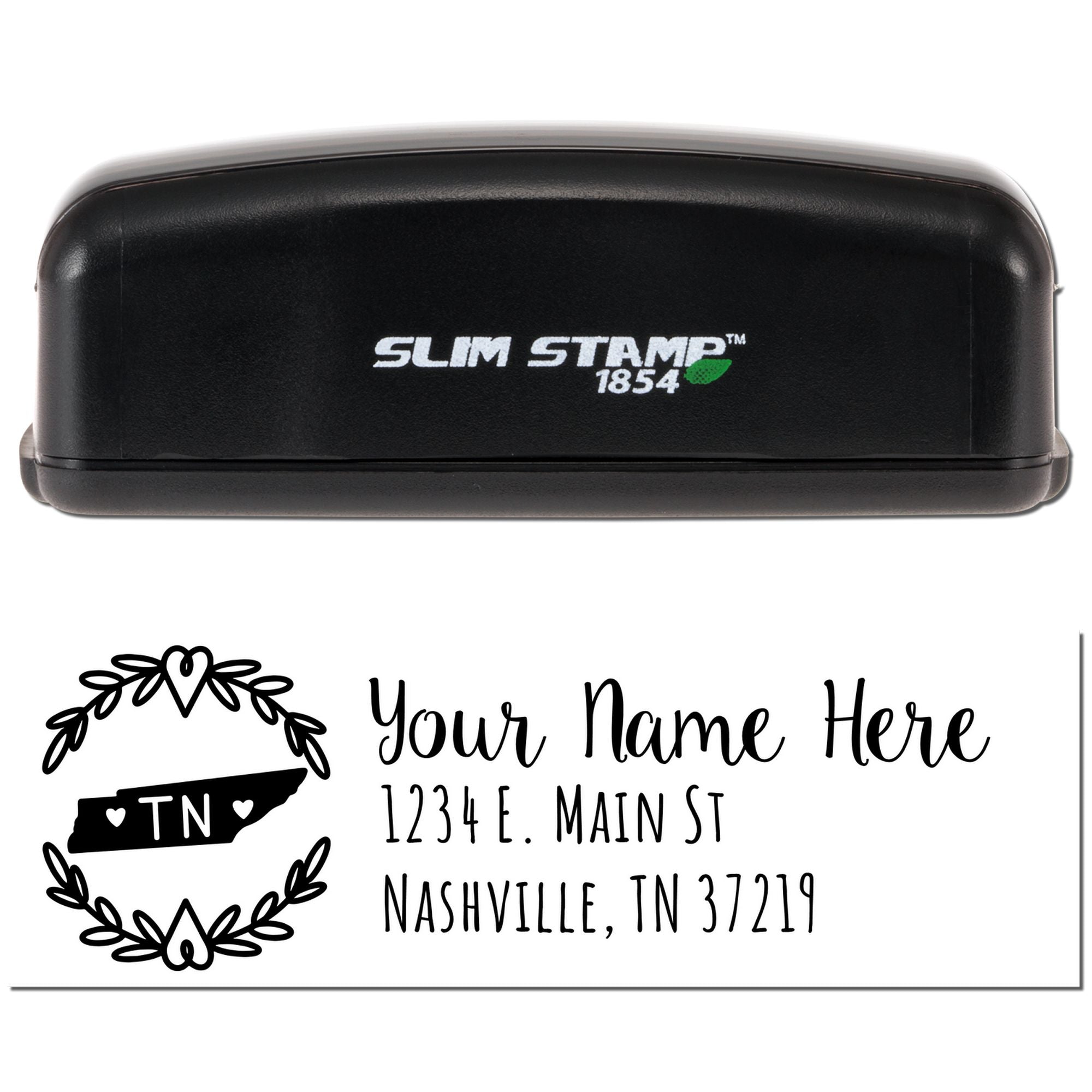 Custom self-inking return address rubber stamp with name and Nashville, TN mailing design for envelopes and cards.