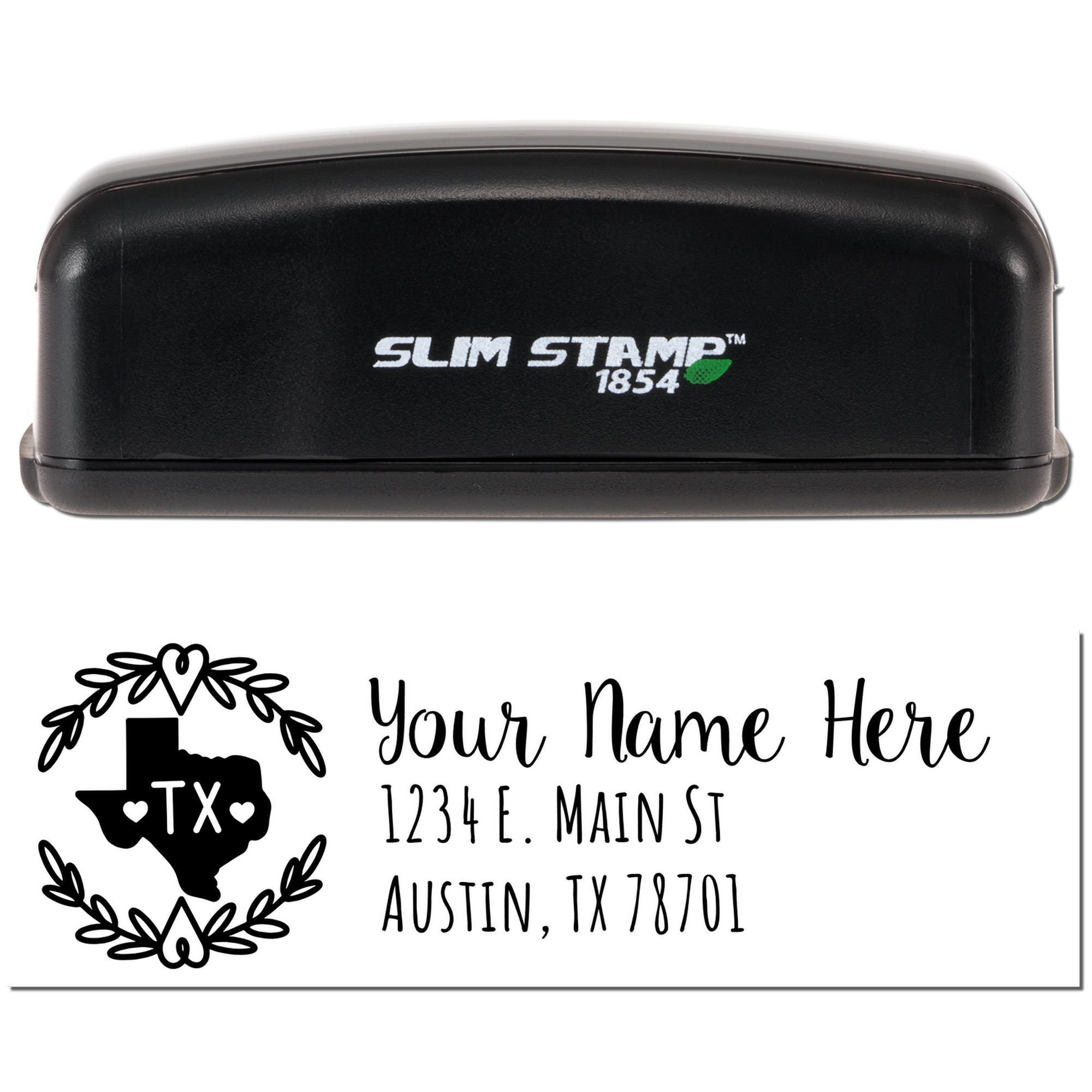 Custom Texas return address rubber stamp with Slim Stamp 1854 and personalized name, street address, and city state design.