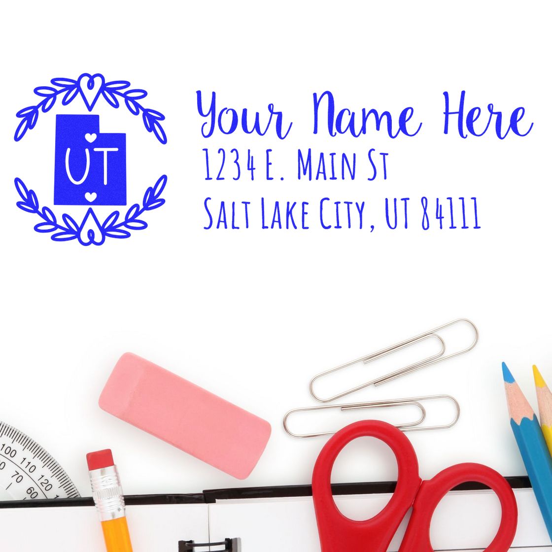 Custom Utah return address rubber stamp design with name, street address, and Salt Lake City mailing details.