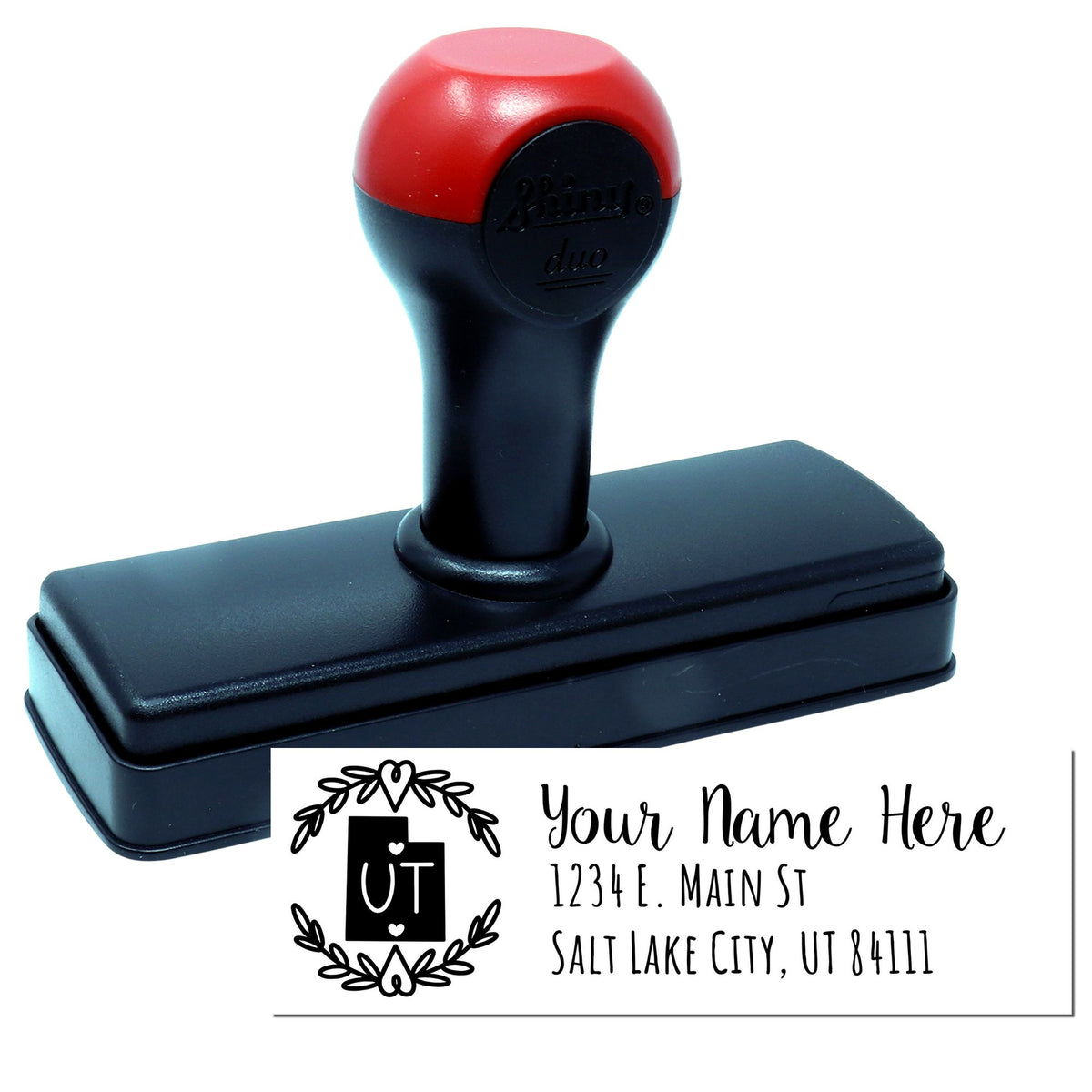 Custom self-inking return address rubber stamp with Utah design, personalized name, street address, city, state and ZIP code.