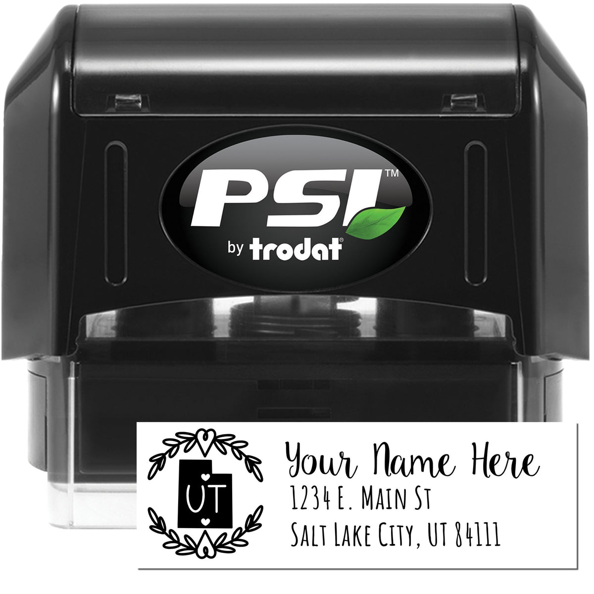 PSI by Trodat custom self-inking rubber stamp for personalized return address labels and mailing.