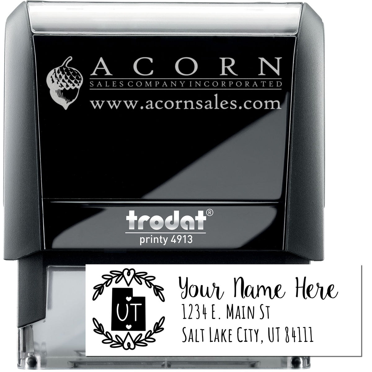 Trodat Printy 4913 self-inking custom rubber stamp for business logo and personalized return address stamping