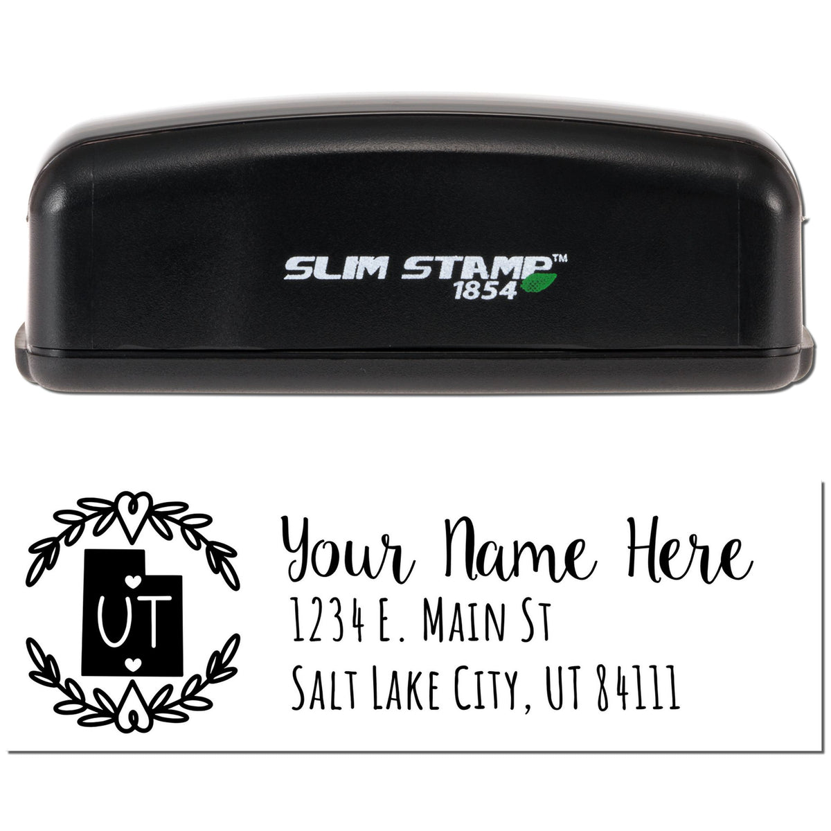 Custom Slim Stamp 1854 rubber stamp with Utah monogram, name, and Salt Lake City return address design