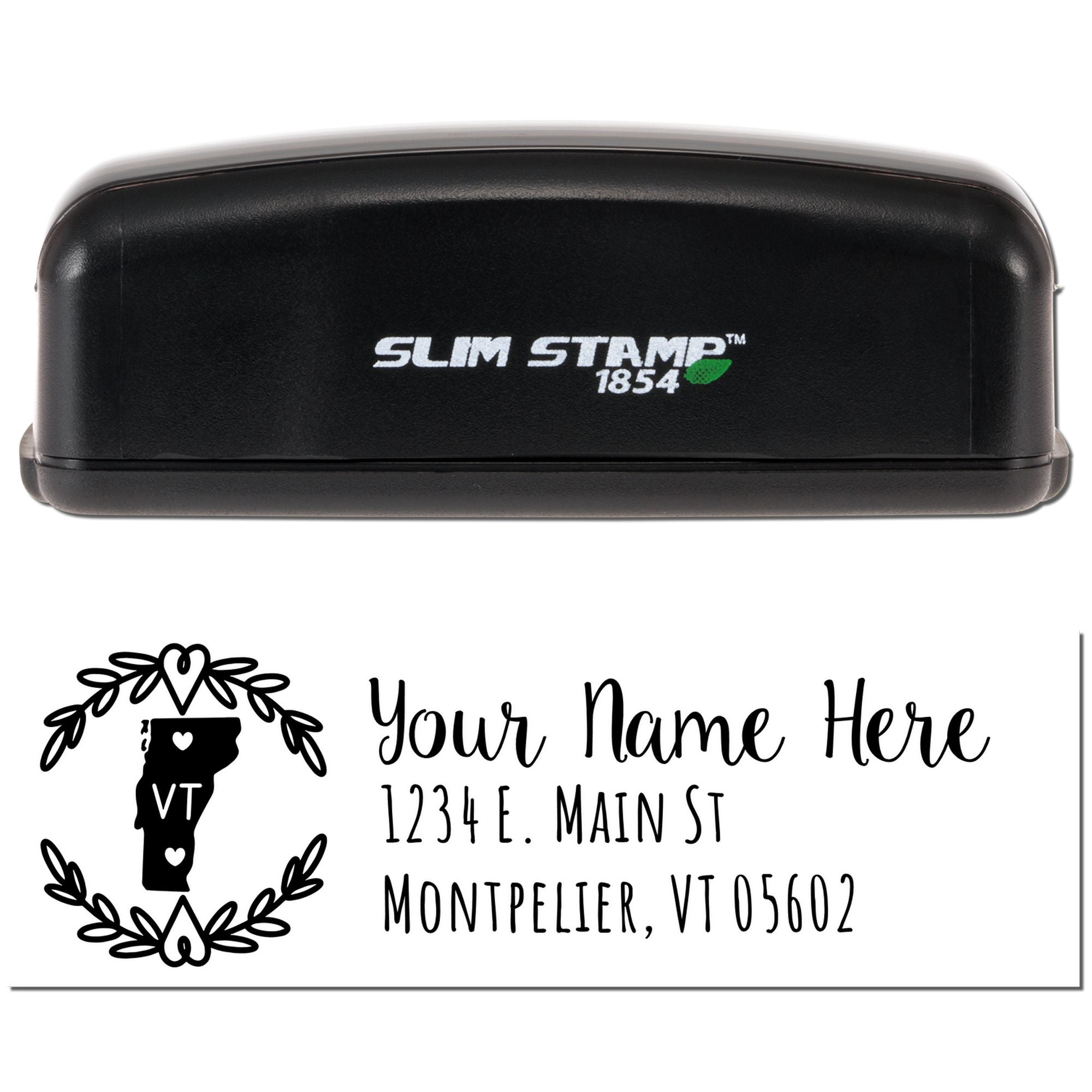 Custom self-inking rubber stamp for Vermont return address with name, street, city, ZIP, and state silhouette.