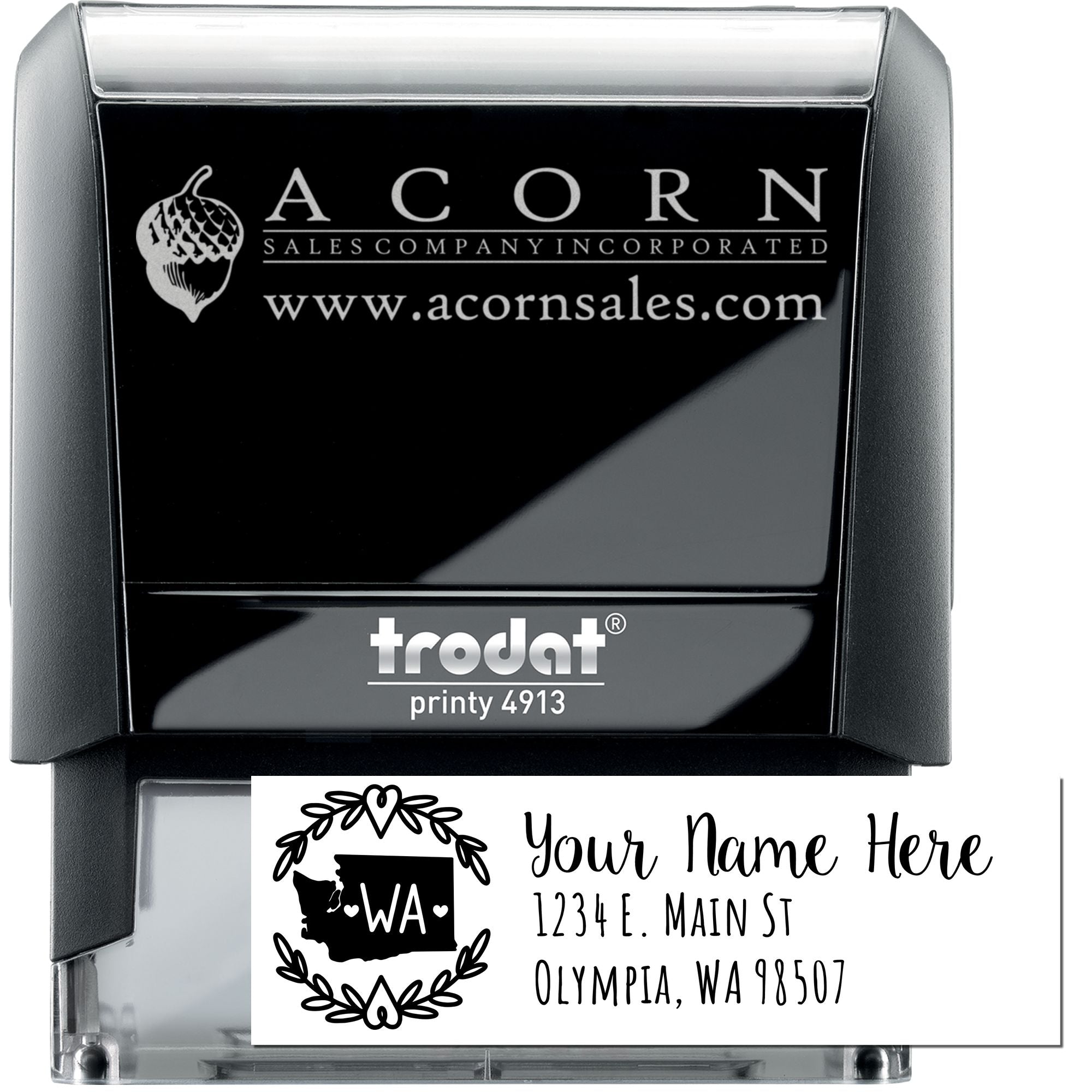 Custom self-inking rubber stamp with logo and return address imprint, ideal for business branding and mailing.