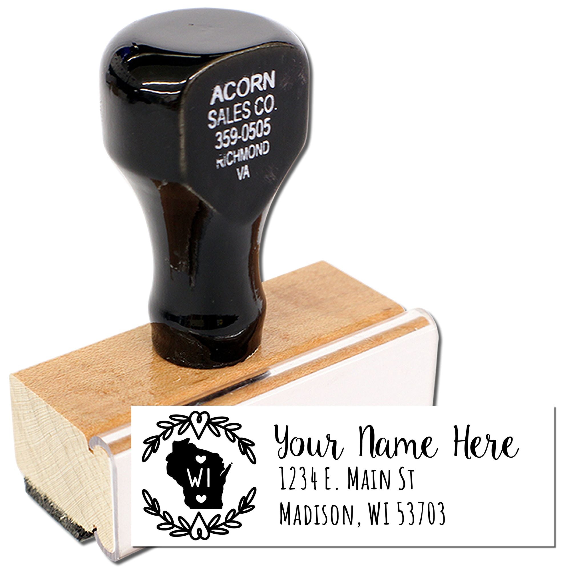 Custom Wisconsin return address rubber stamp with personalized name and address design.