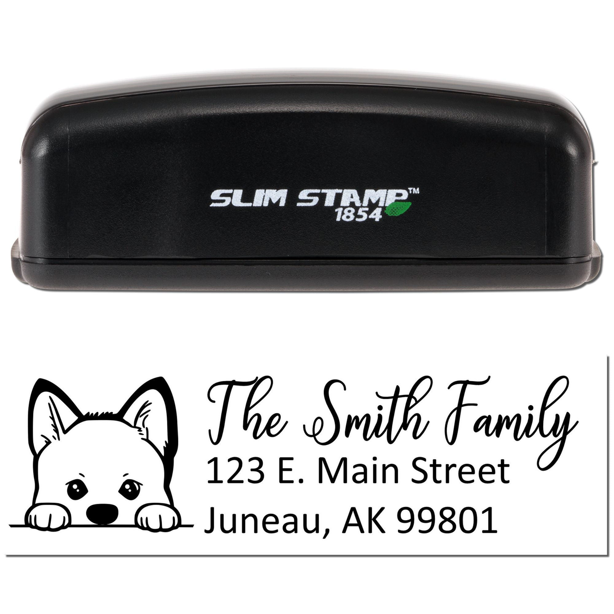 Custom self-inking rubber return address stamp with dog illustration for The Smith Family, Juneau, AK 99801.