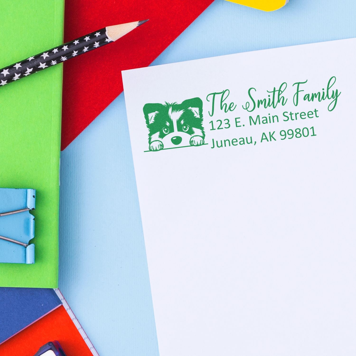 Custom family return address rubber stamp with raccoon design on white envelope, showing The Smith Family, Juneau, AK.