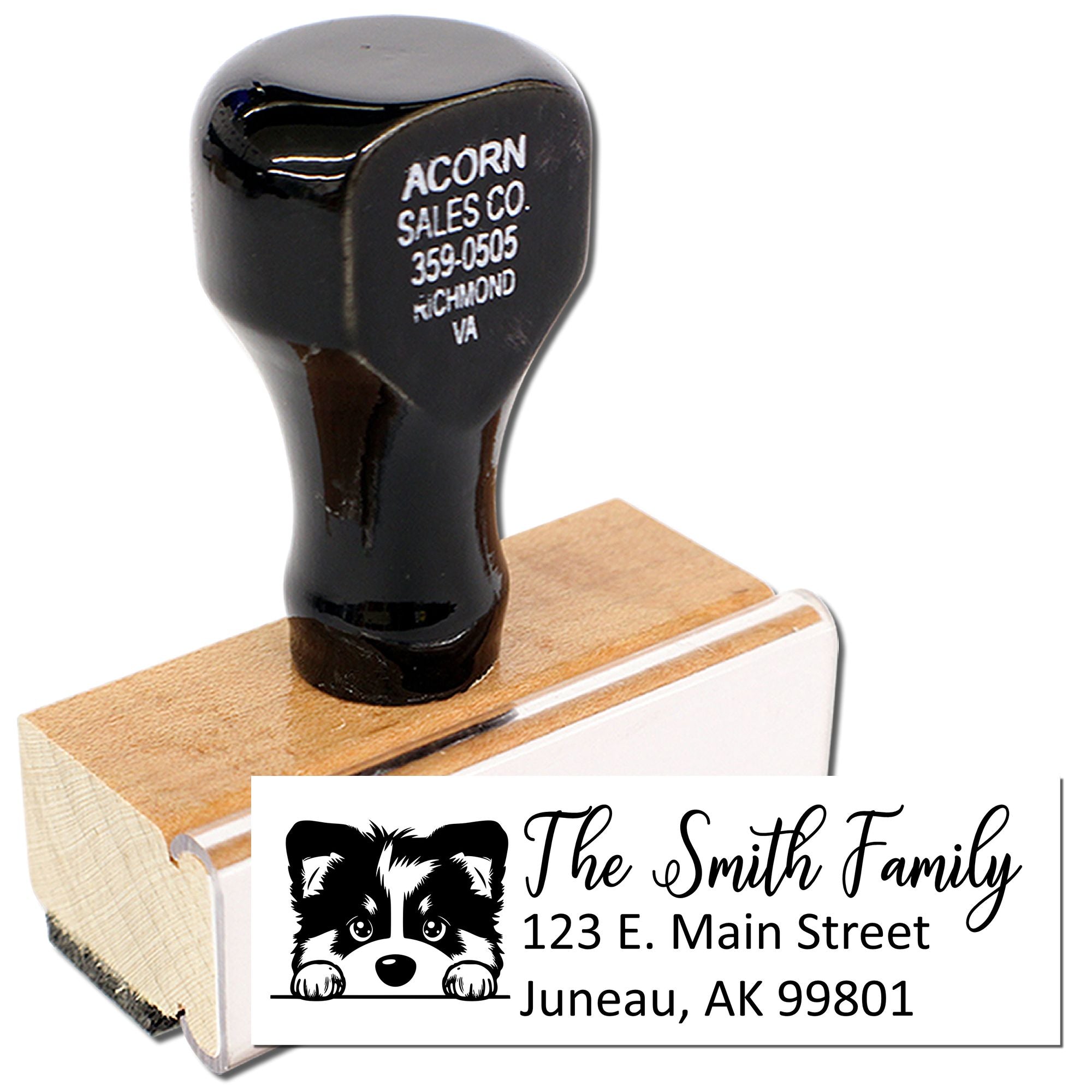 Custom address rubber stamp with raccoon design, featuring The Smith Family and Juneau, AK mailing address.