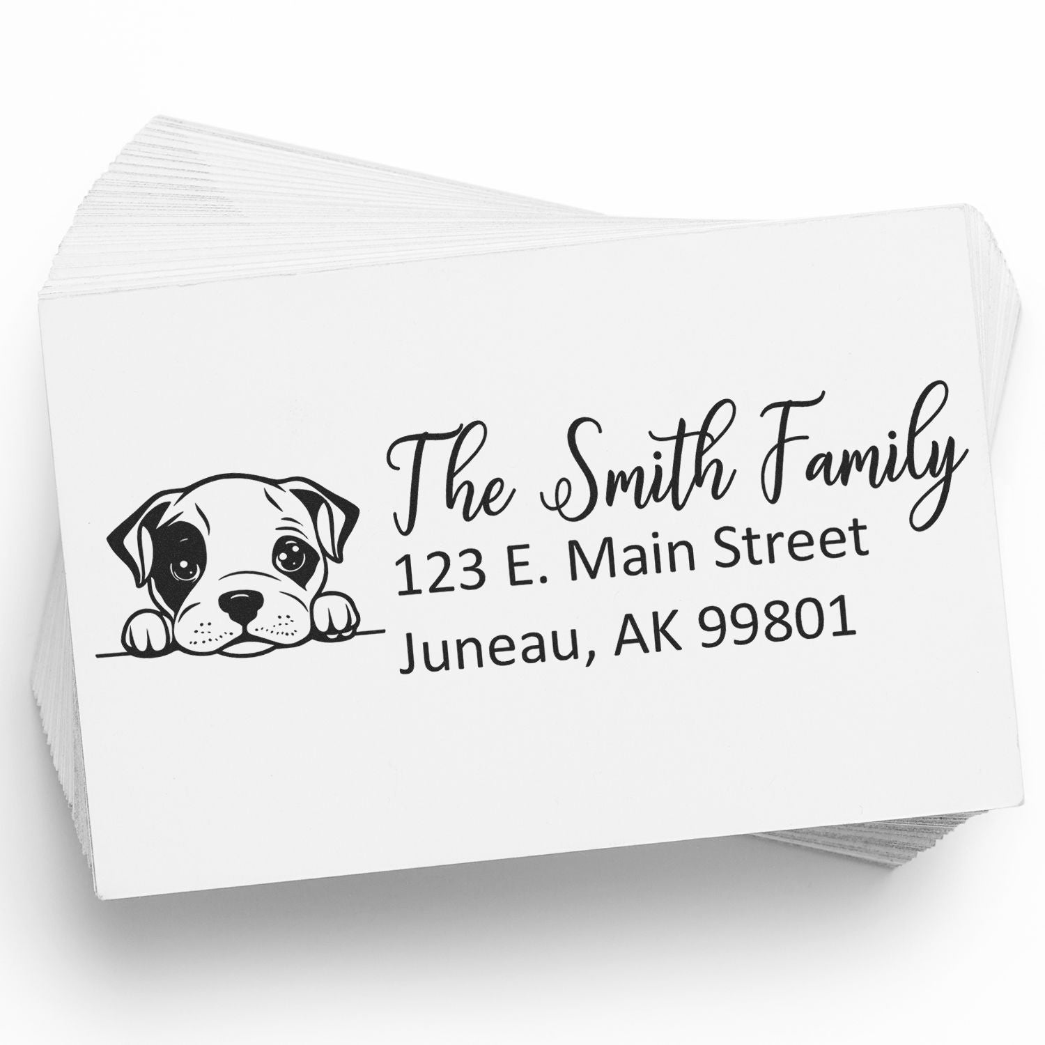 Custom dog address rubber stamp for The Smith Family, 123 E. Main Street, Juneau, AK 99801.