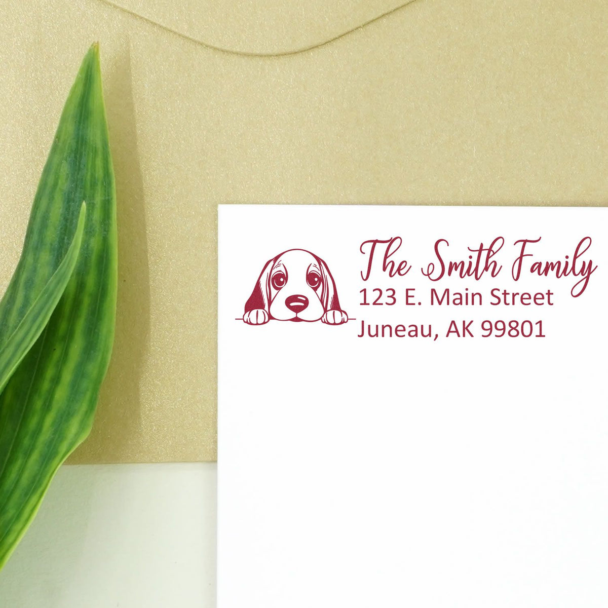 Custom dog return address rubber stamp with The Smith Family name and Juneau, AK address for envelopes and mailings.
