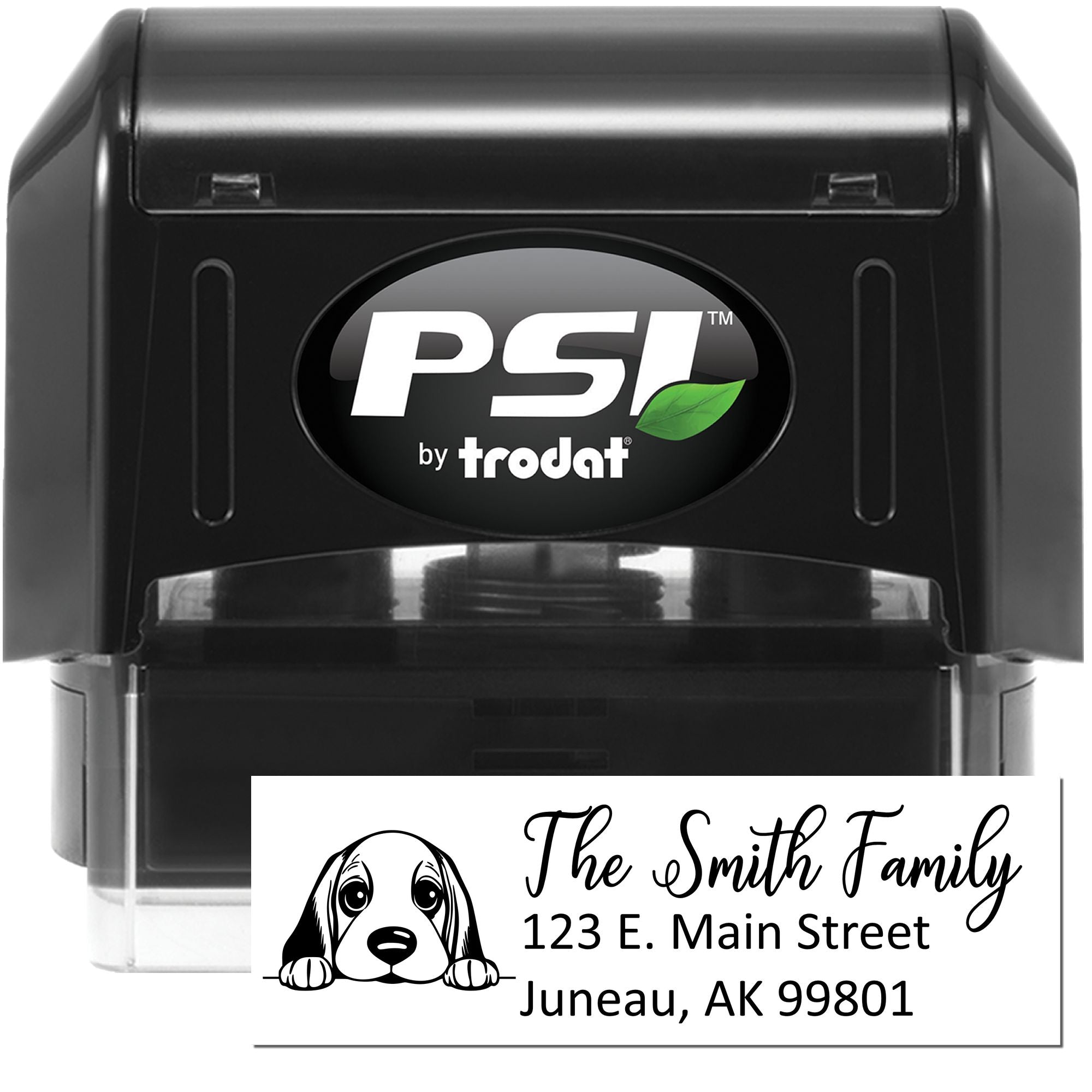 PSI by Trodat self-inking custom address rubber stamp with dog graphic for the Smith Family, ideal for mailing envelopes