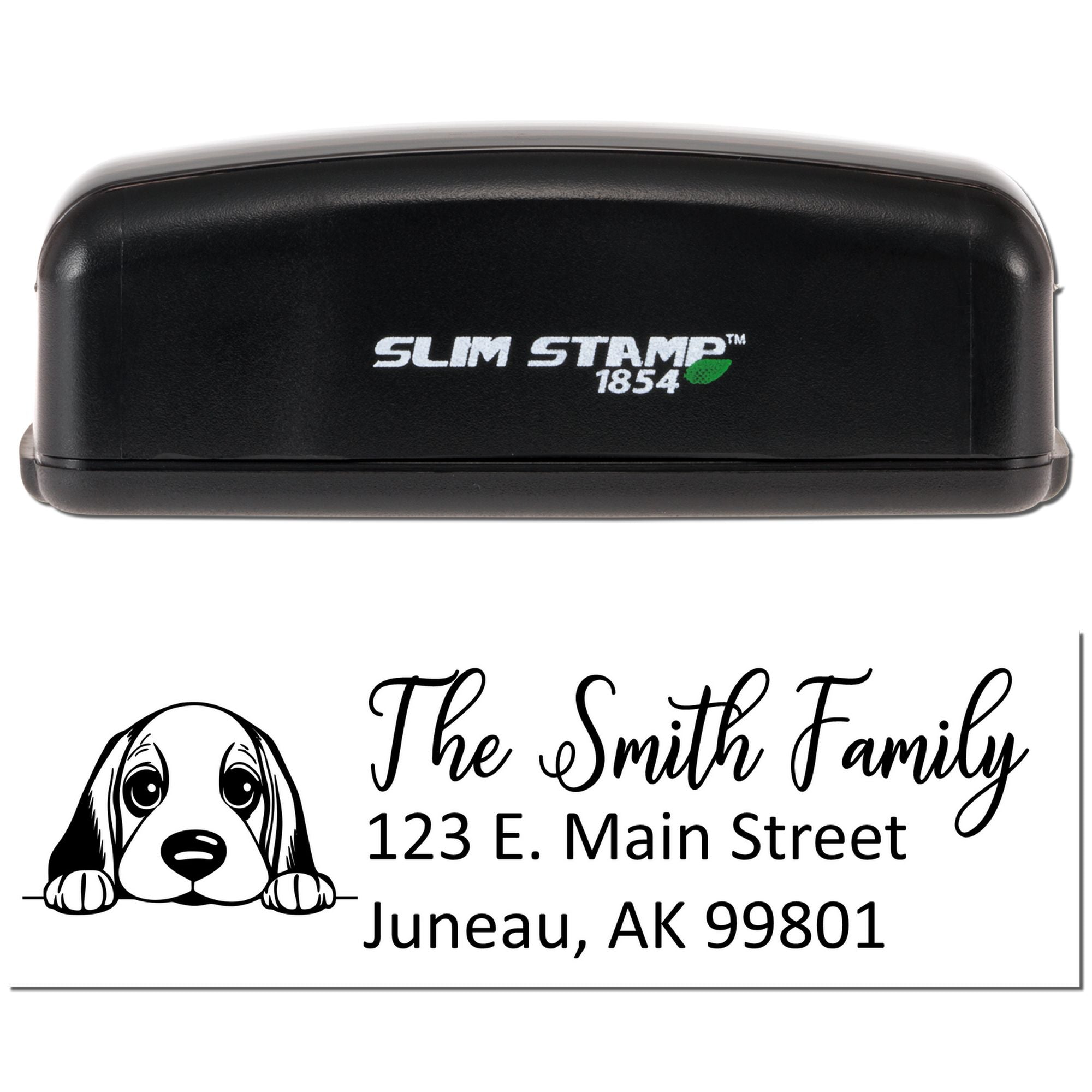 Slim Stamp 1854 custom self-inking rubber stamp with dog address design for The Smith Family, Juneau, AK 99801.