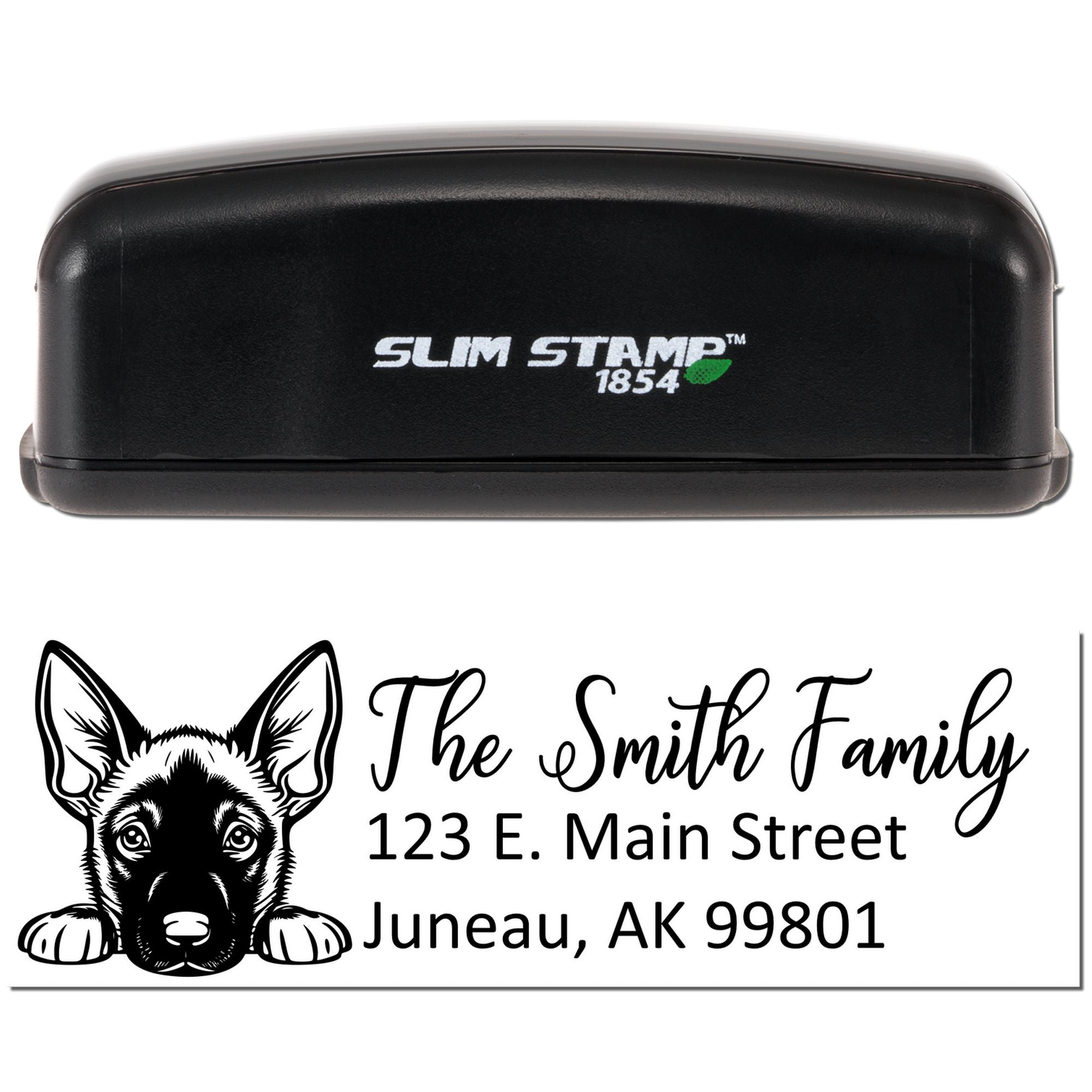 Custom Slim Stamp 1854 self-inking rubber stamp with German shepherd design and family name, address, and city for return mail.