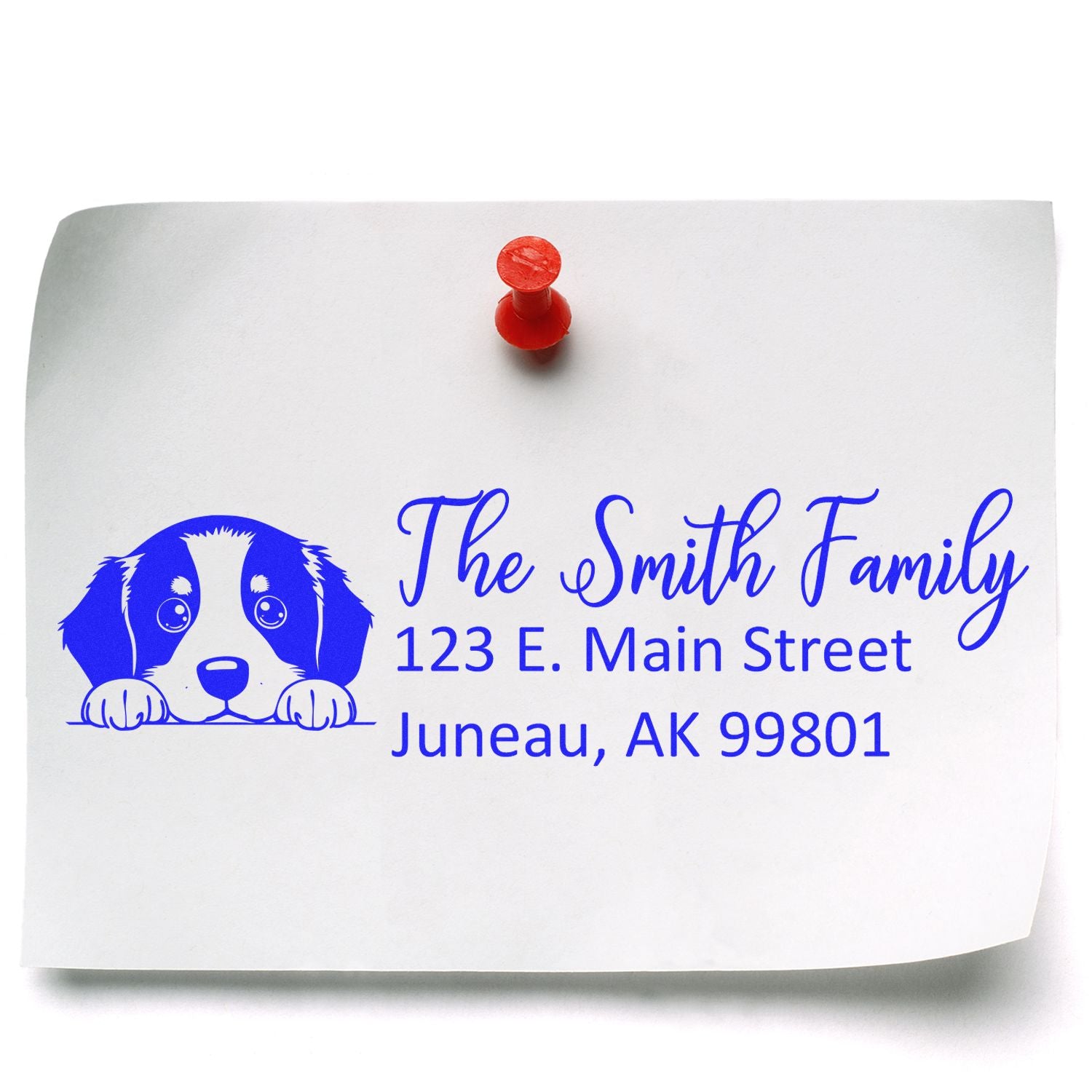 Custom dog return address rubber stamp for The Smith Family, featuring a puppy illustration and Juneau, AK address in blue ink.