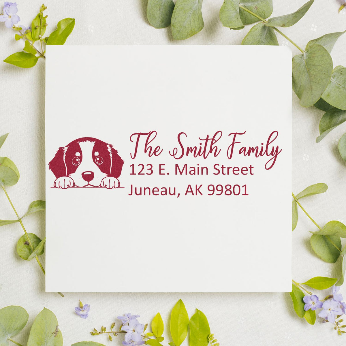 Custom dog address rubber stamp for The Smith Family return address, Juneau AK, with pet portrait design