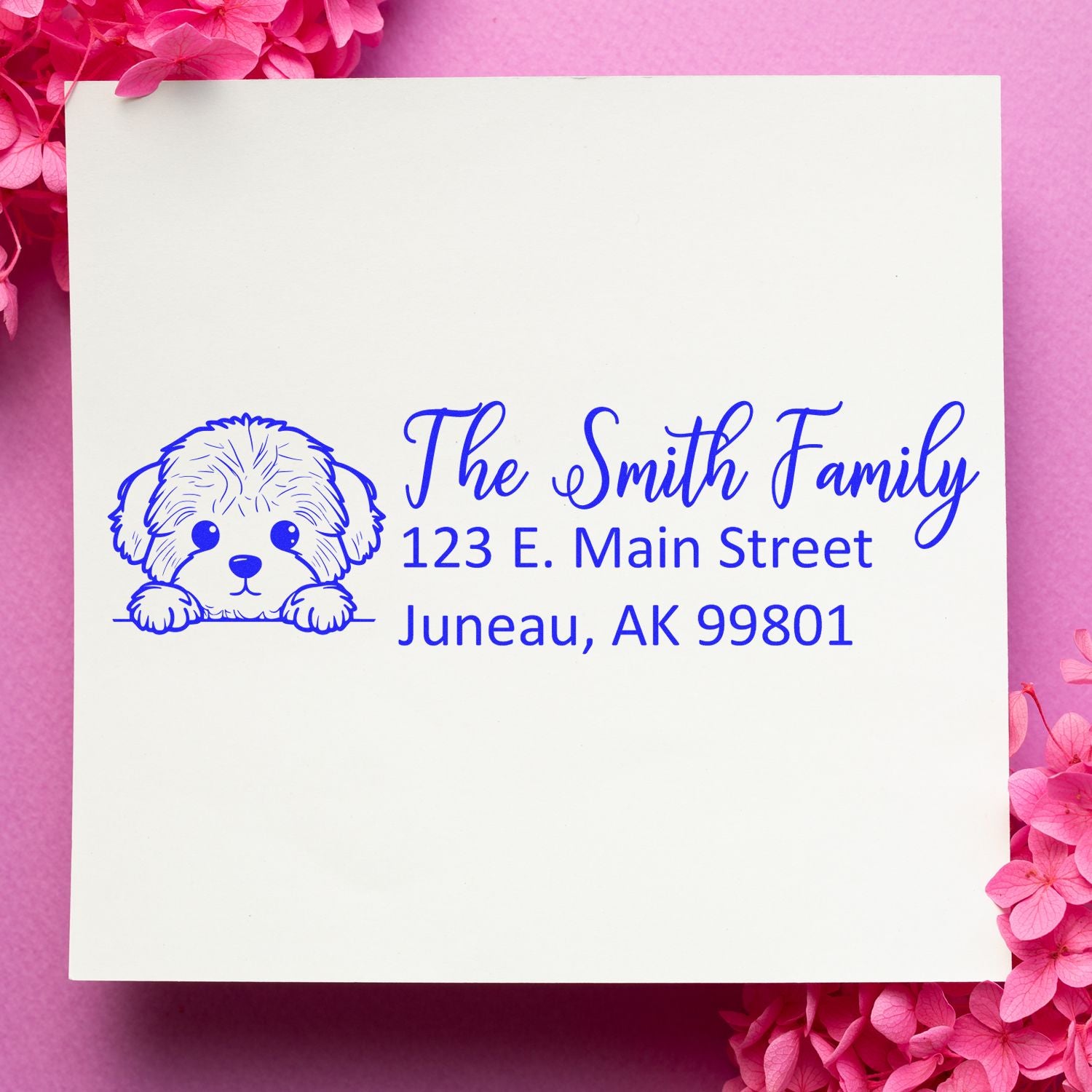 Custom dog return address rubber stamp for The Smith Family, with personalized Juneau, AK mailing details.