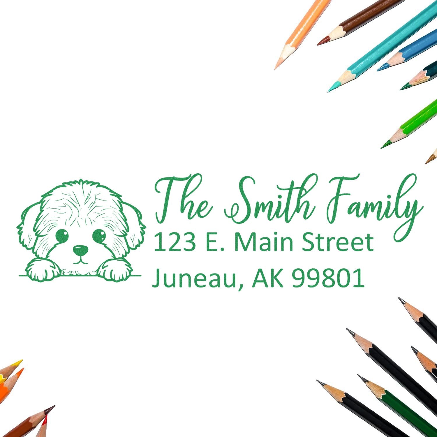 Custom address rubber stamp with puppy illustration, family name, street address, and Juneau, AK return address.