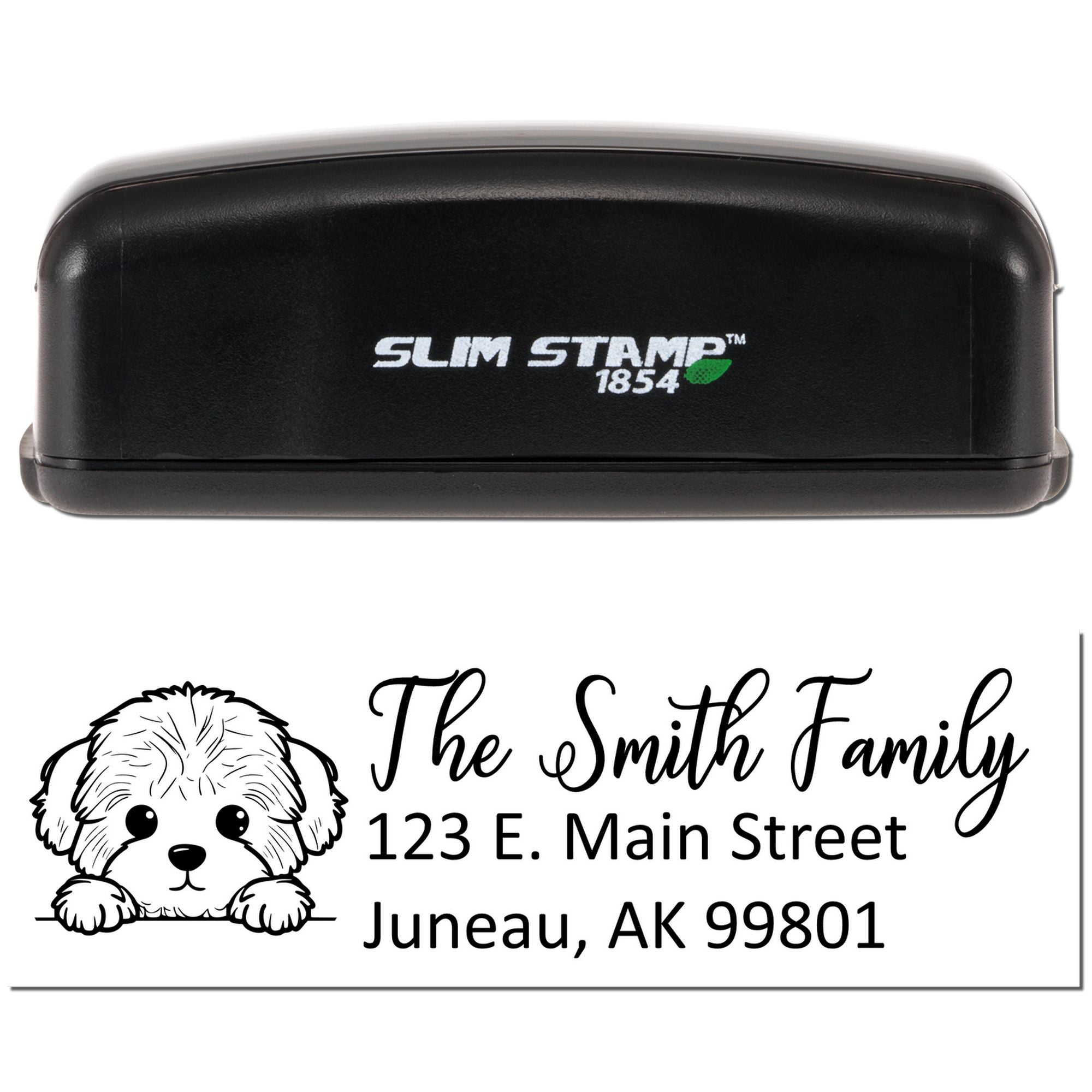 Slim Stamp 1854 self-inking custom address rubber stamp with dog illustration, The Smith Family and Juneau, AK return address.