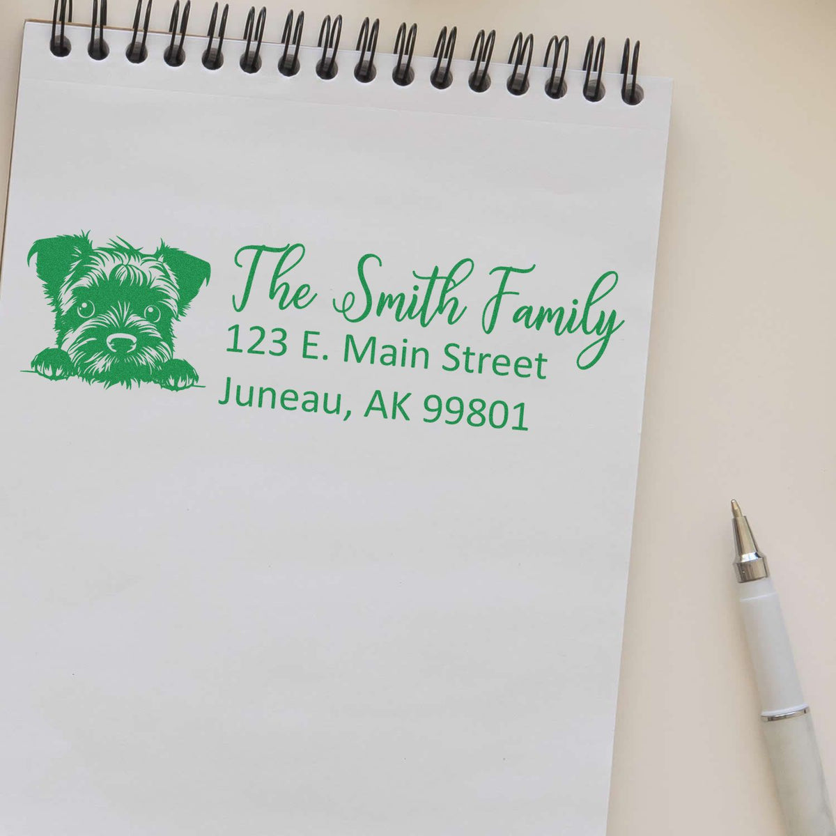 Personalized rubber stamp return address for The Smith Family with dog illustration, Juneau, AK.
