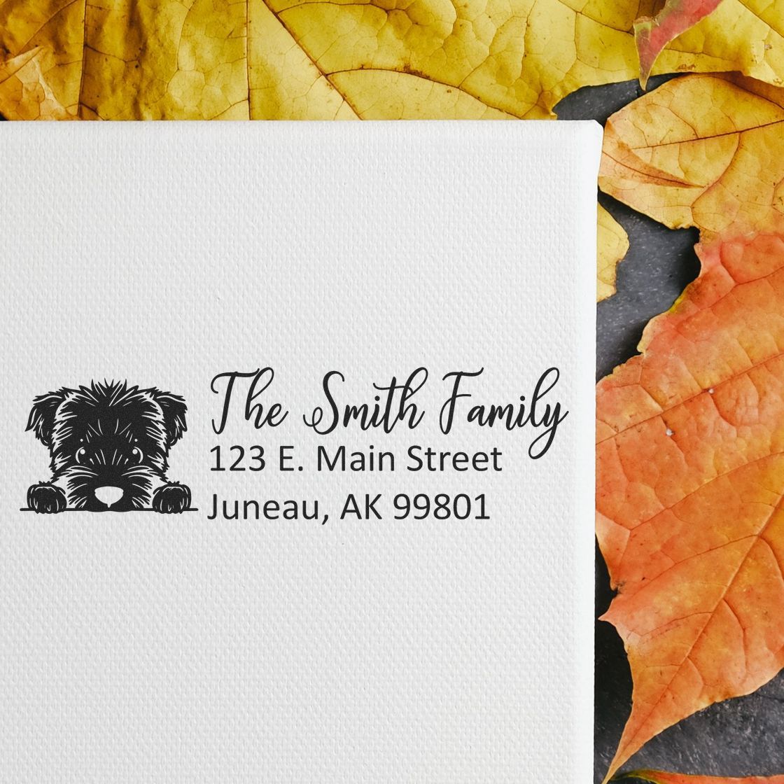 Custom dog return address rubber stamp with family name and address for personalized envelopes and mailings.