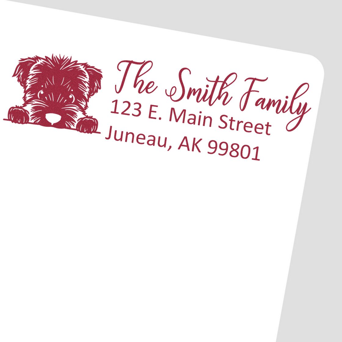 Custom dog rubber stamp with Smith family return address, 123 E. Main Street, Juneau, AK 99801.