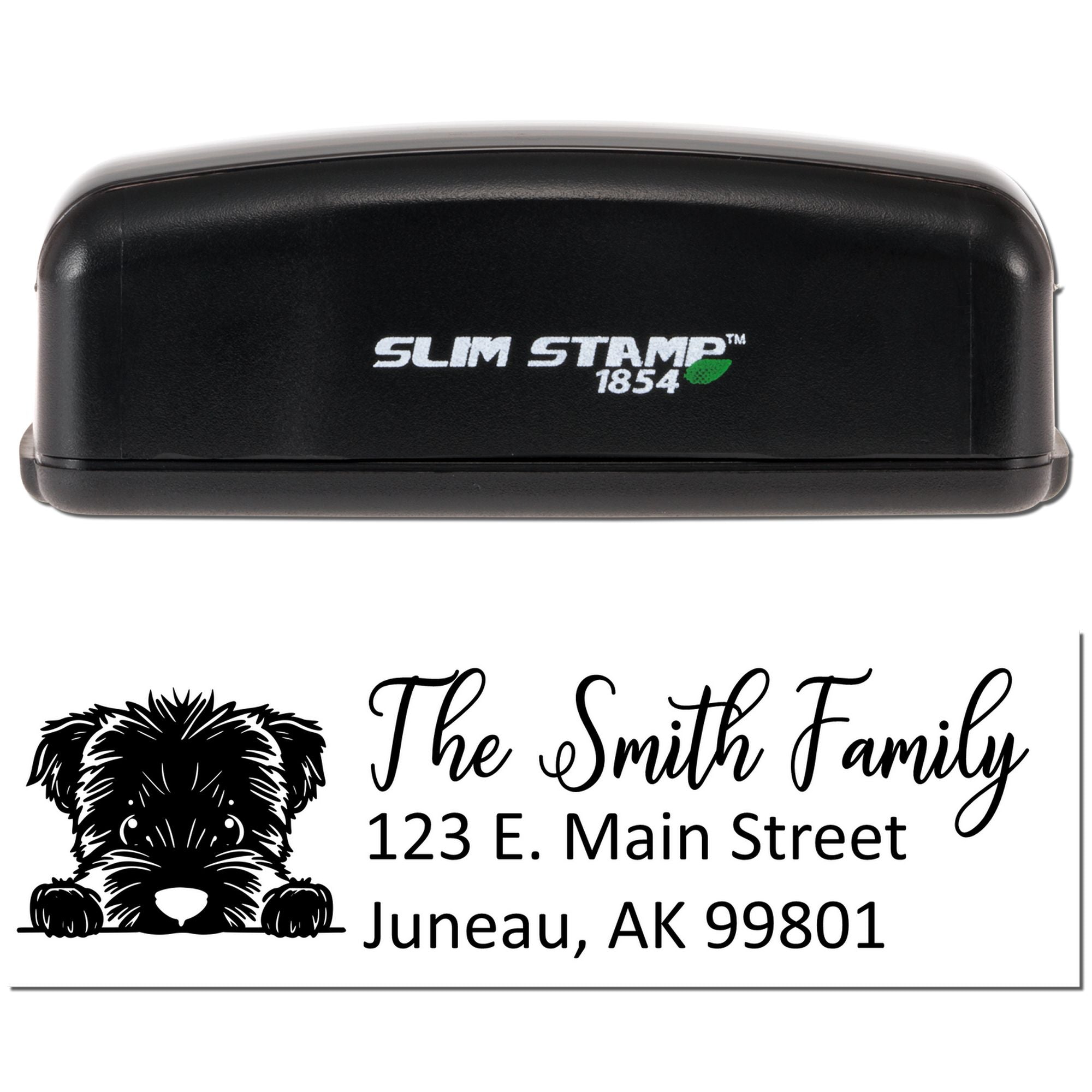 Custom Slim Stamp 1854 self-inking rubber address stamp with dog icon for The Smith Family, Juneau, AK