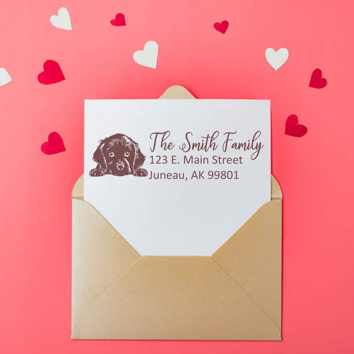 Custom dog return address rubber stamp for family mail, with puppy illustration and personalized name and address.