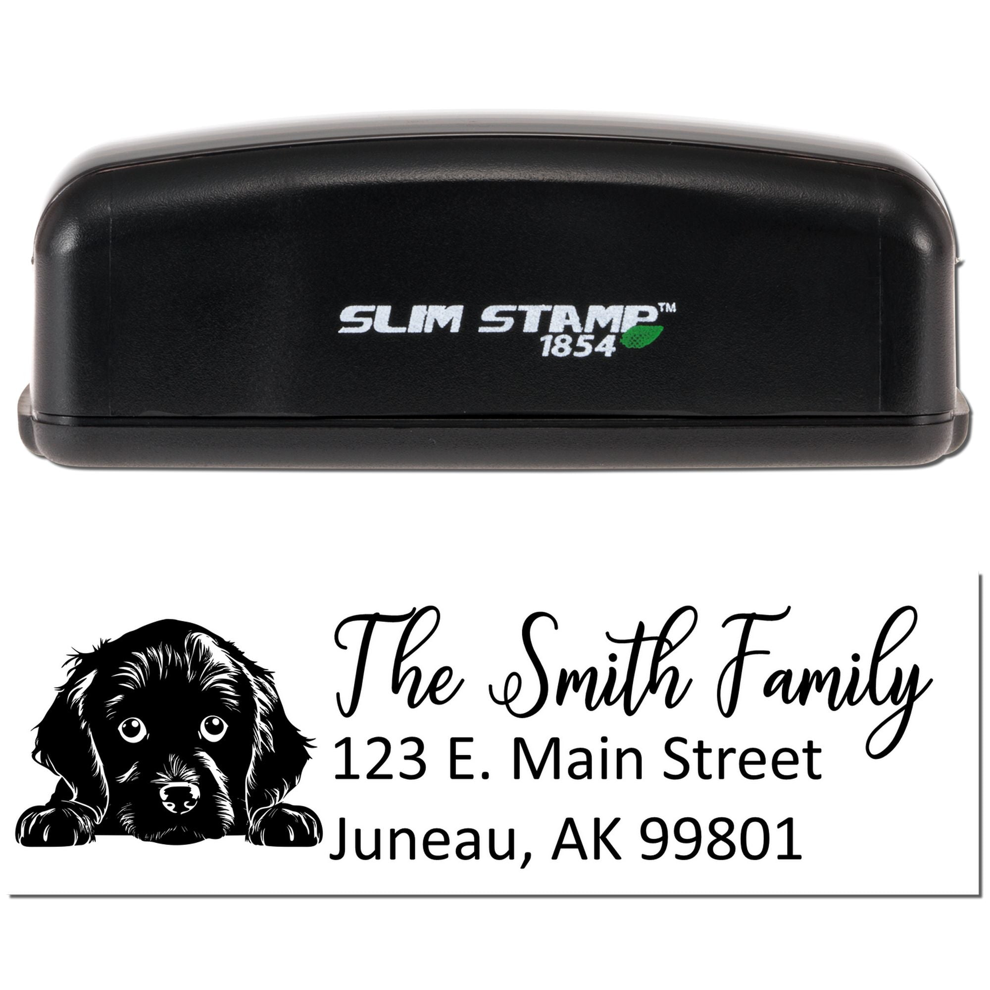 Custom self-inking rubber address stamp with dog graphic for The Smith Family, featuring 123 E. Main Street, Juneau, AK 99801.