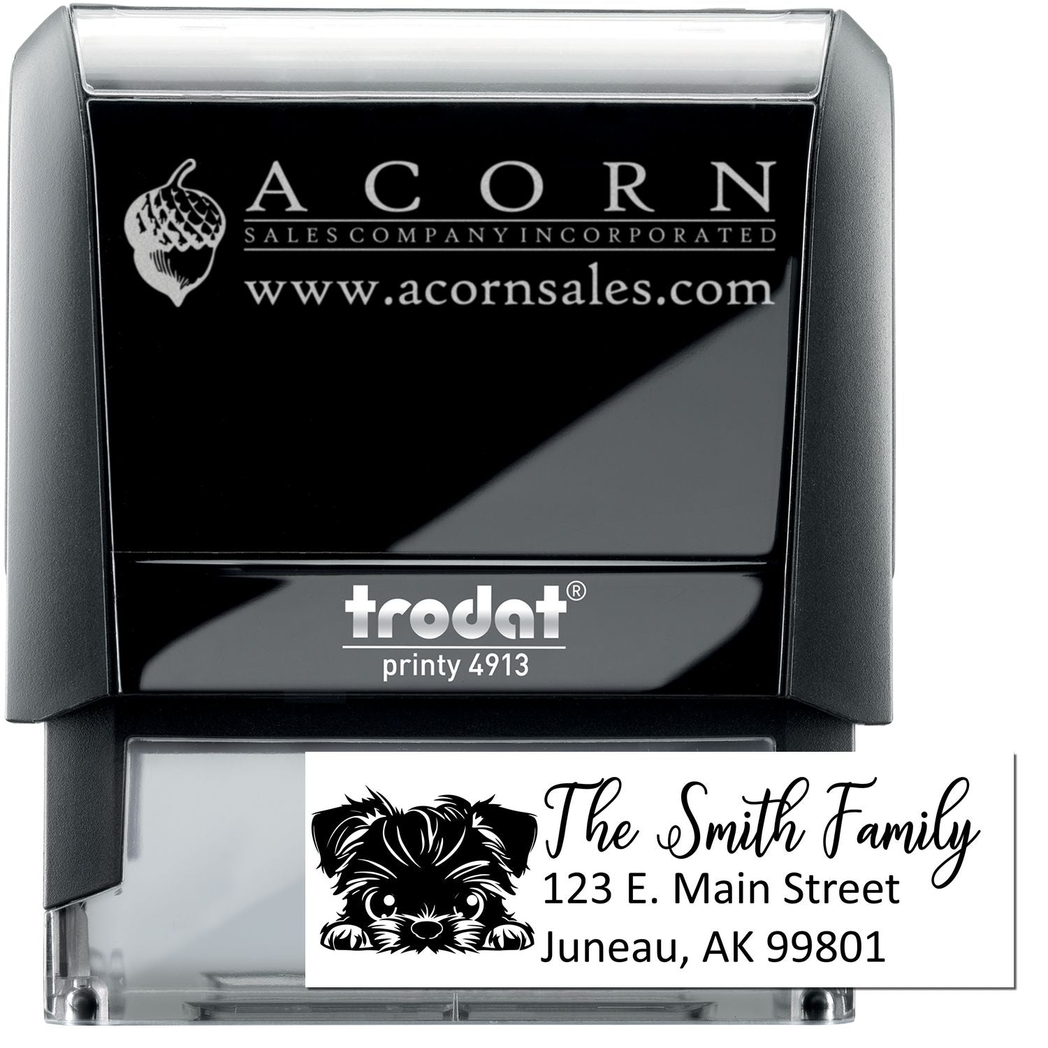 Custom Trodat Printy 4913 self-inking rubber stamp with logo and return address example for business and family use.