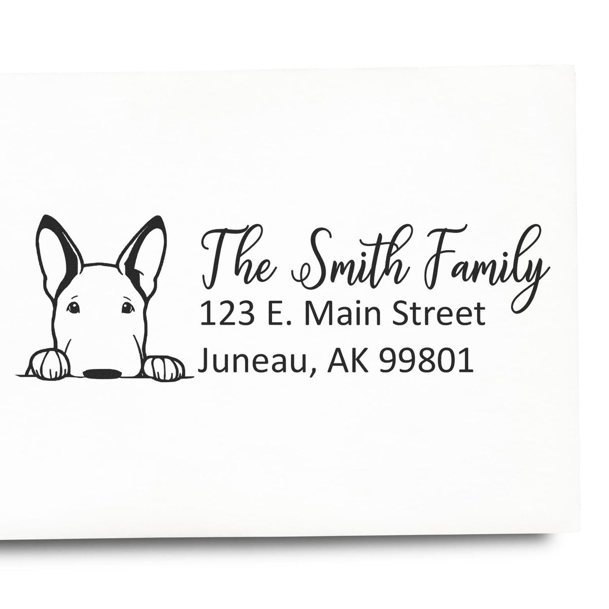 Personalized dog return address rubber stamp for The Smith Family, 123 E. Main Street, Juneau, AK 99801