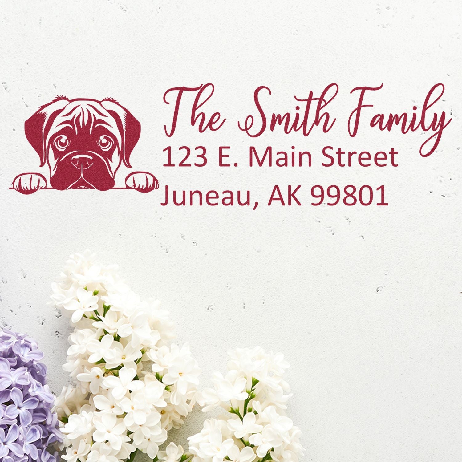 Personalized rubber return address stamp with dog illustration, Smith family name, and Juneau, AK 99801.