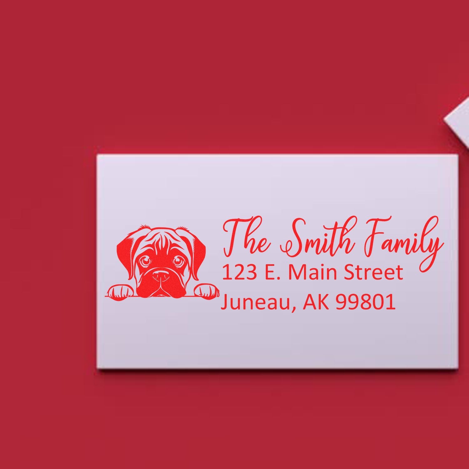 Custom dog return address rubber stamp for The Smith Family, Juneau, AK, for envelopes and mail.