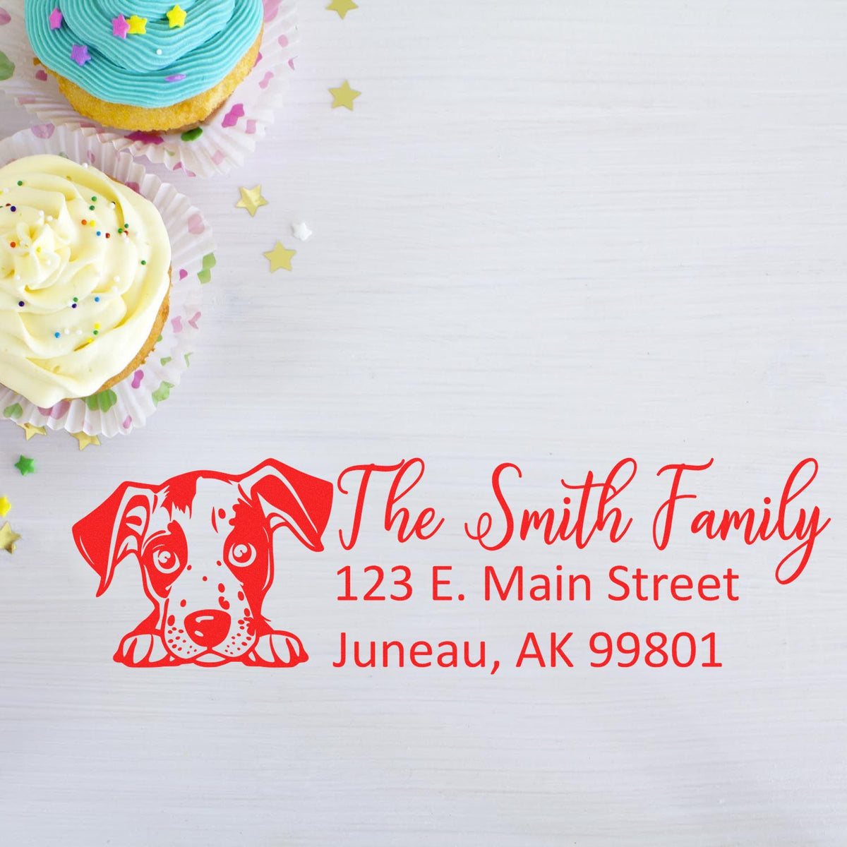 Custom dog address rubber stamp with The Smith Family return address, ideal for personalized mail and pet lover stationery.