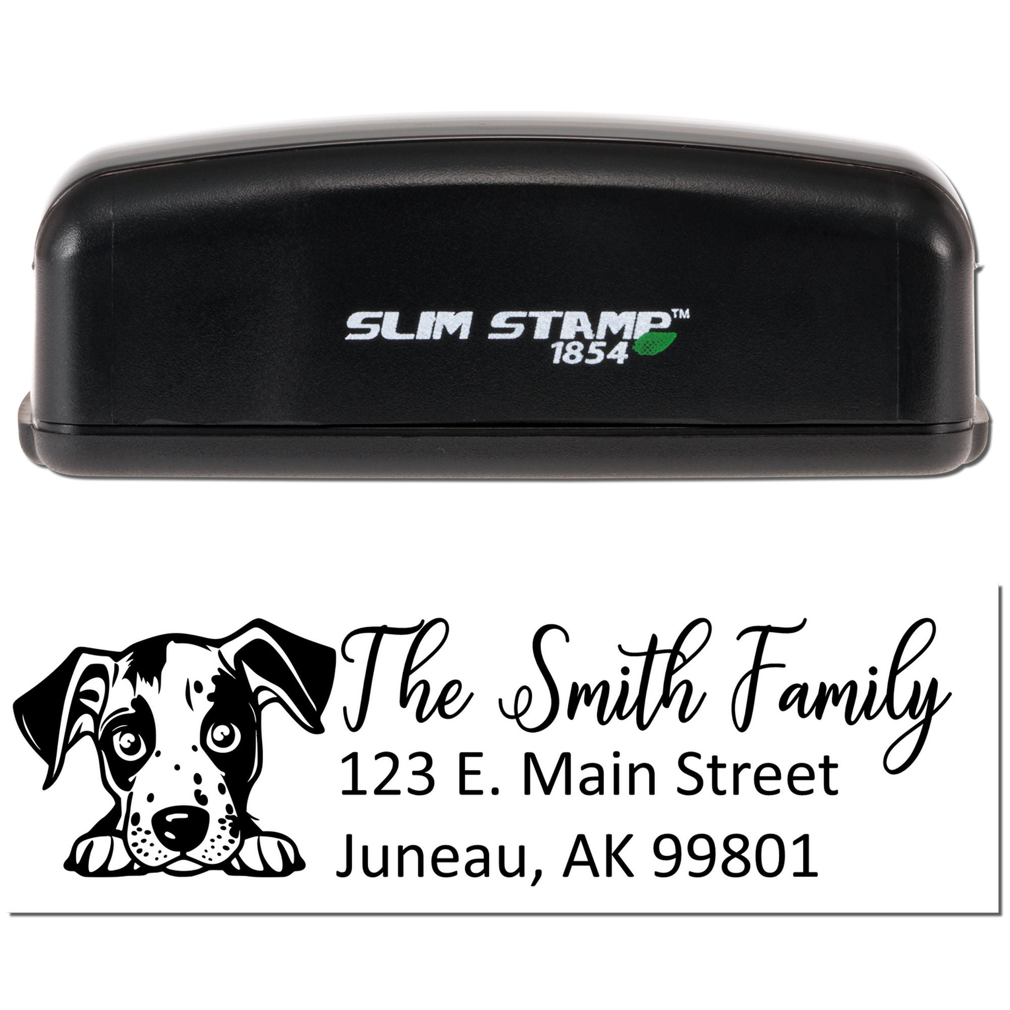 Custom dog family address rubber stamp for personalized mailing, shown with Slim Stamp 1854 self-inking case.