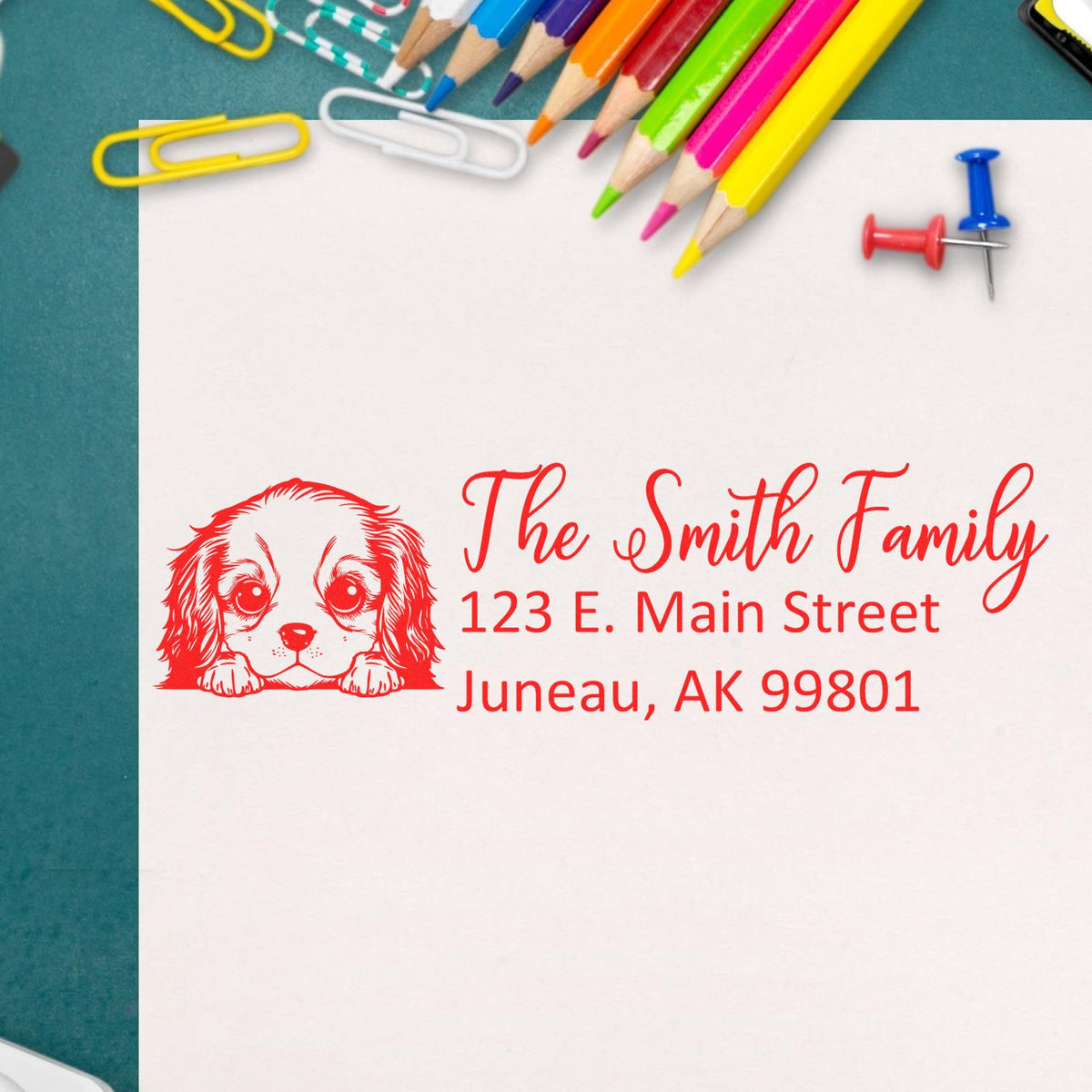 Custom rubber stamp with dog illustration and The Smith Family return address for personalized mailing