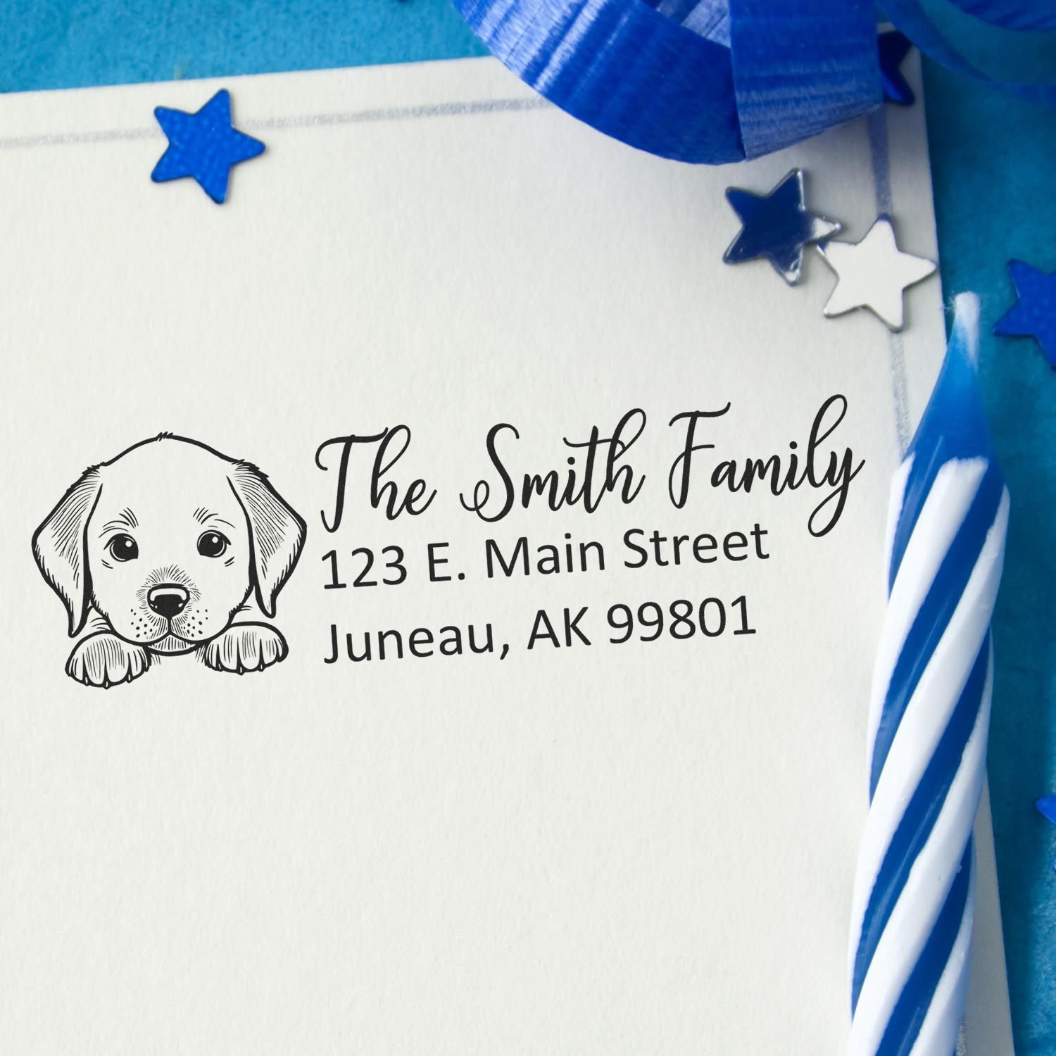 Custom rubber stamp with puppy design and personalized return address for The Smith Family mailing envelopes.