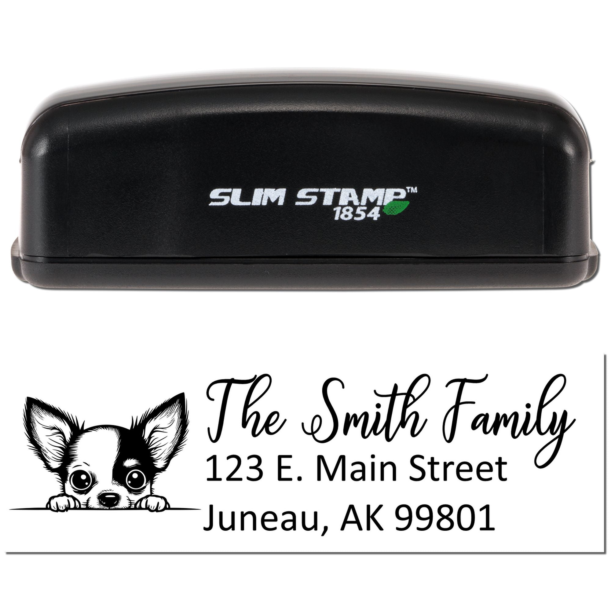 Custom self-inking rubber address stamp with chihuahua design and Smith family return address