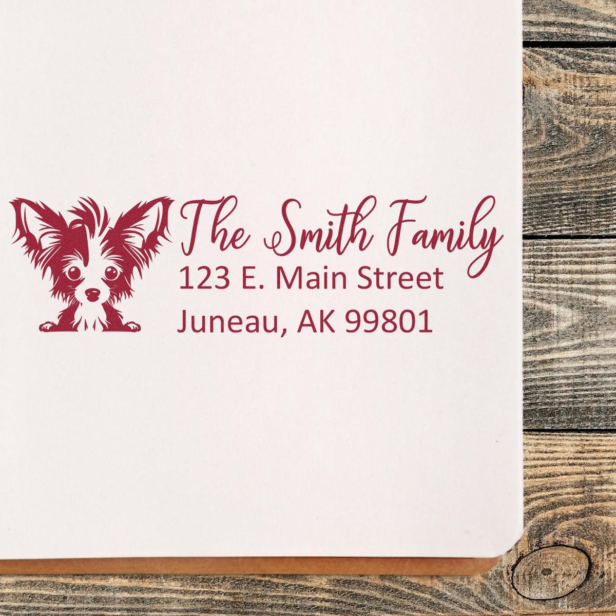 Personalized return address rubber stamp with dog design for The Smith Family, 123 E. Main Street, Juneau, AK 99801