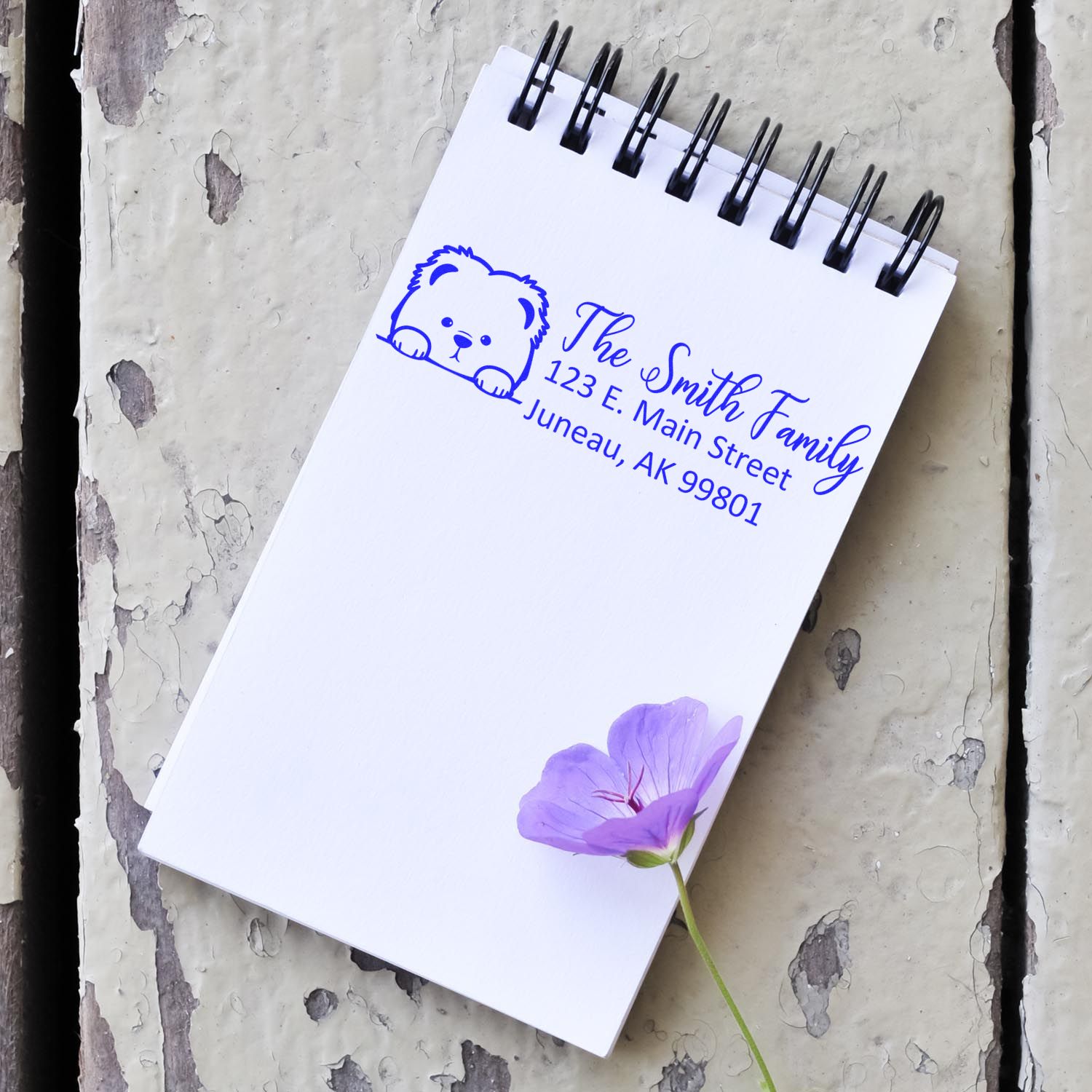 Personalized return address rubber stamp with teddy bear design for The Smith Family, perfect for custom mailing labels.