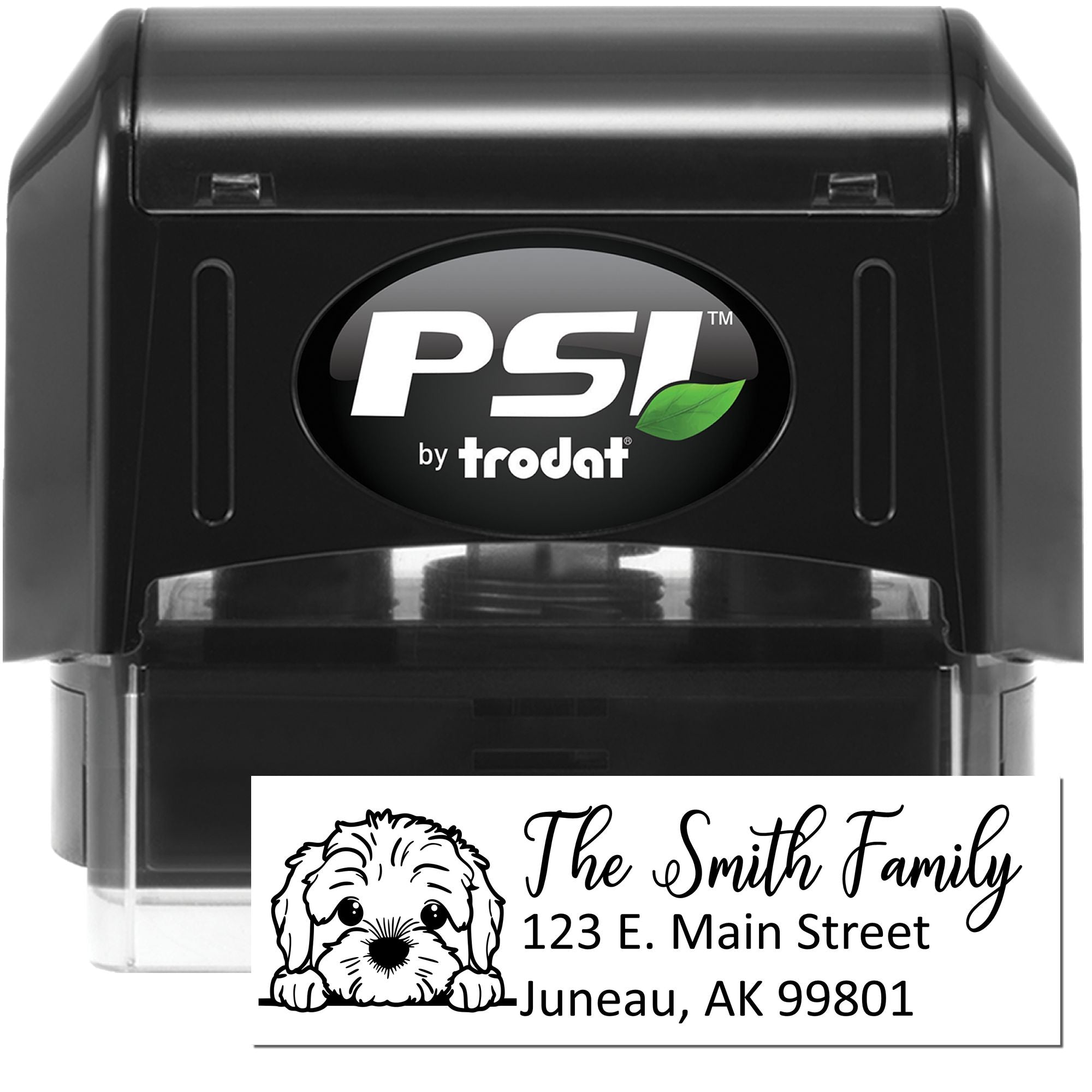PSI by Trodat self-inking rubber stamp with custom address imprint and dog logo for personalized mail and return address use